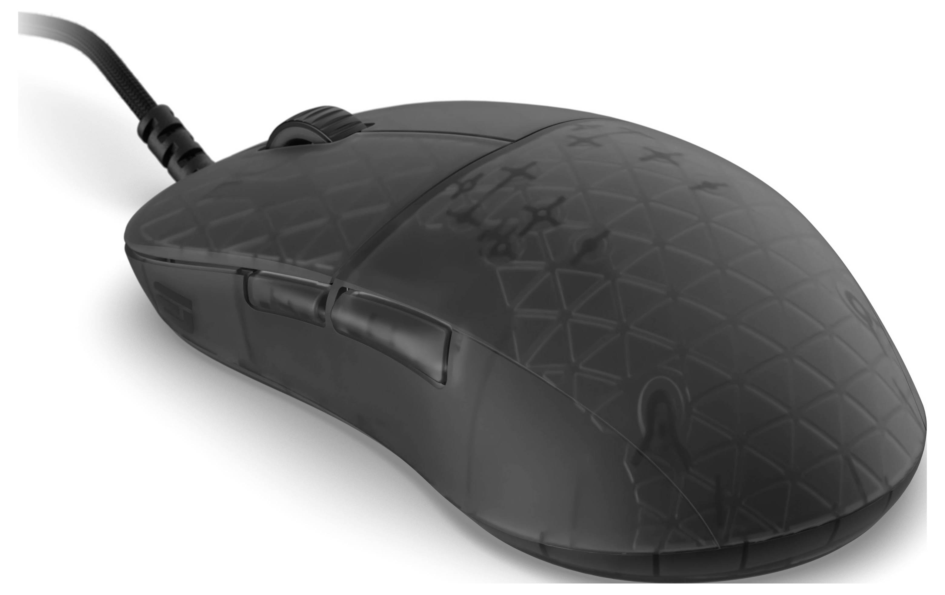 Černá počítačová myš s texturovaným povrchem, vybavená dvěma tlačítky, kolečkem pro posouvání a kabelem pro připojení.