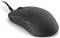 Černá počítačová myš s texturovaným povrchem, vybavená dvěma tlačítky, kolečkem pro posouvání a kabelem pro připojení.