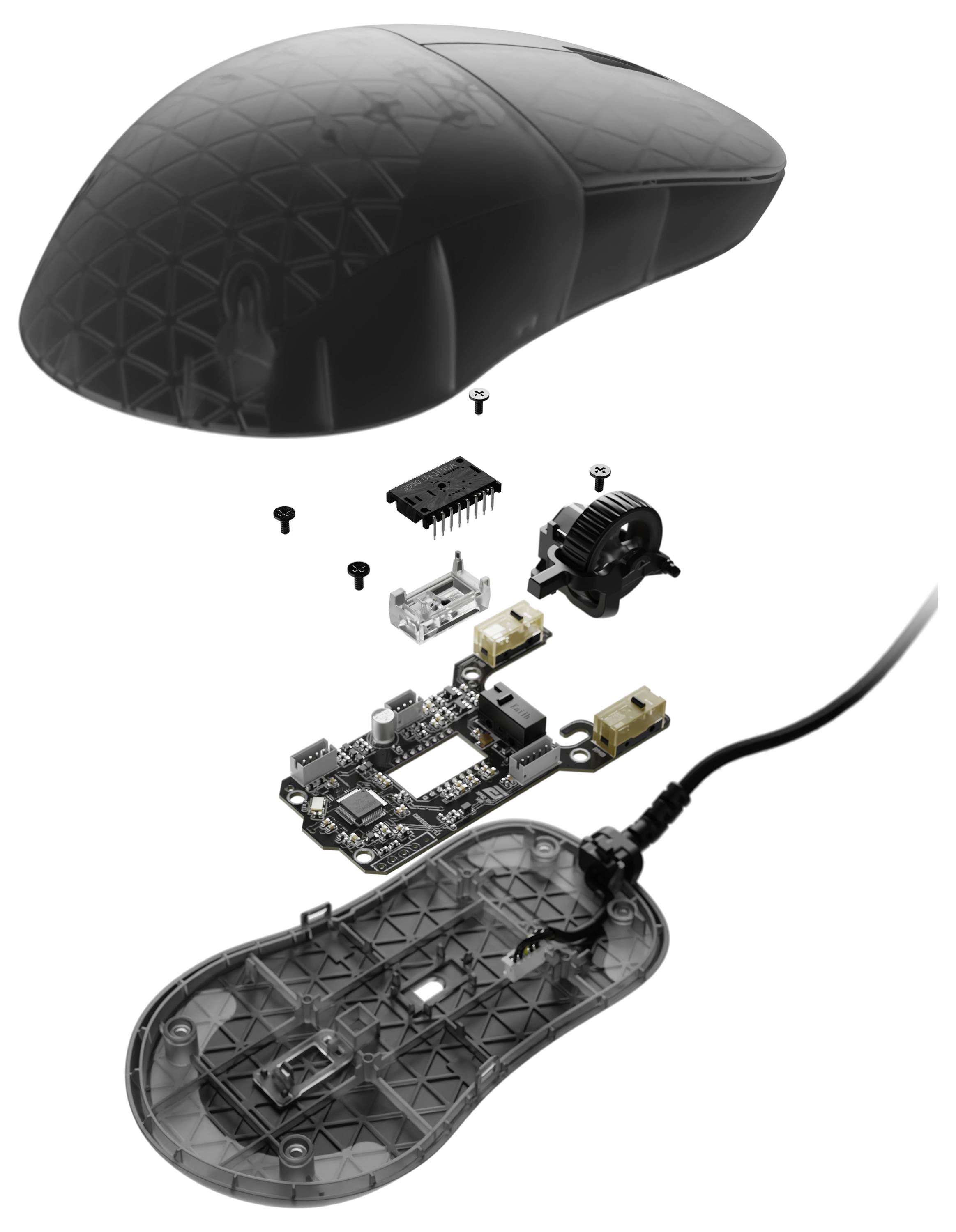 Rozložený pohled na počítačovou myš zobrazující horní kryt, šrouby, scroll wheel, desku plošných spojů a spodní skořápku s připojeným kabelem.