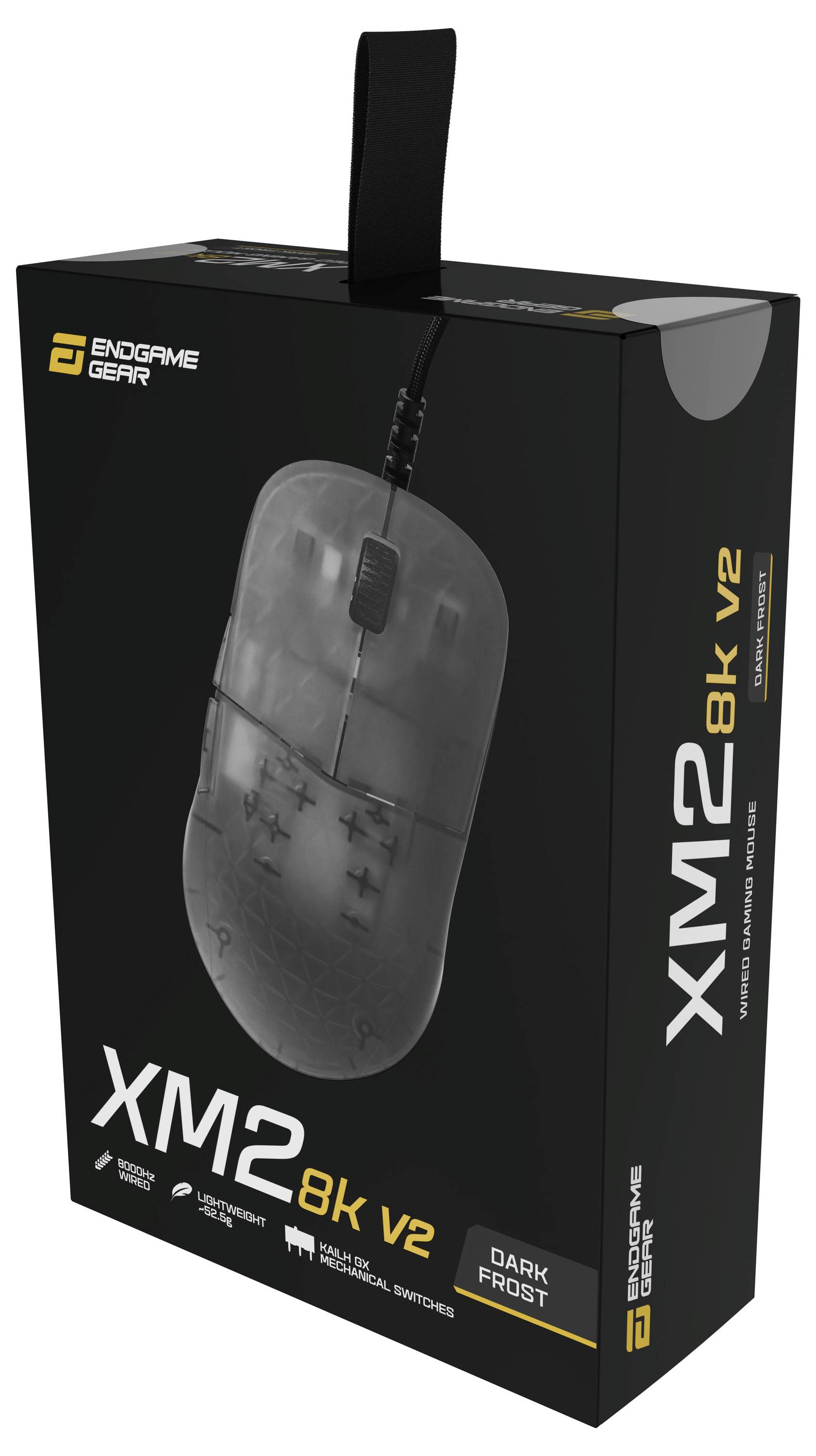 Balení myši 'Endgame Gear XM2, 8k v2, Dark Frost' zobrazuje drátovou myš s vysoce kvalitními spínači a ergonomickým designem.