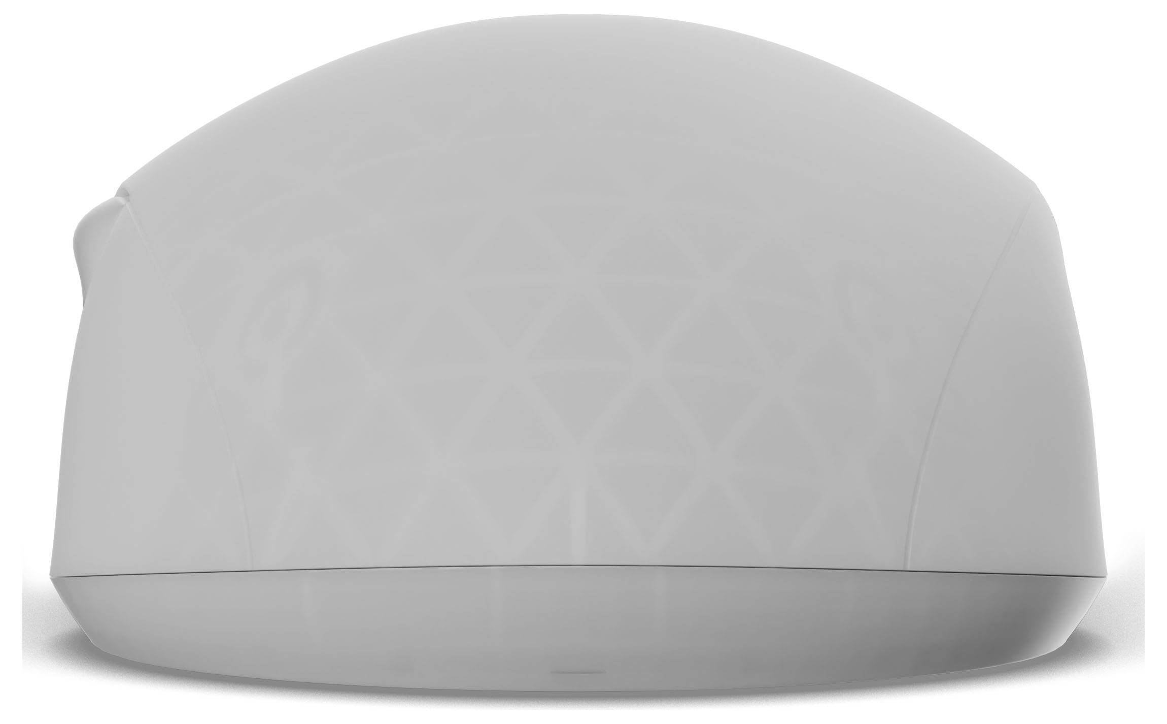 Detailní pohled na hladký, kupolotvarý předmět se jemným geometrickým vzorem na bílém pozadí.