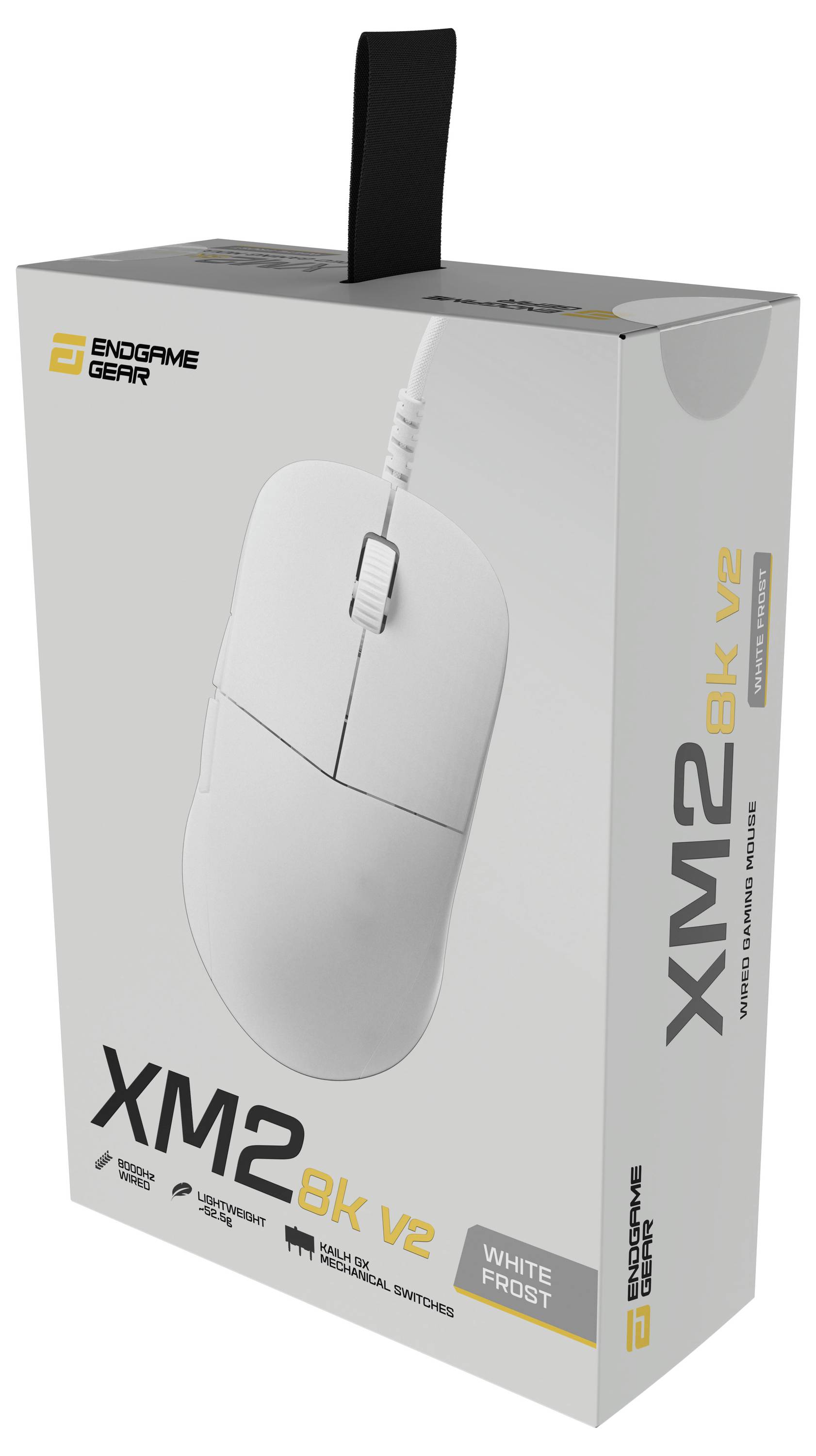 Herní myš 'Endgame Gear XM2we' v bílé krabici s černými akcenty. Disponuje barvou 'White Frost', frekvencí dotazování 8K Hz a optickými spínači.