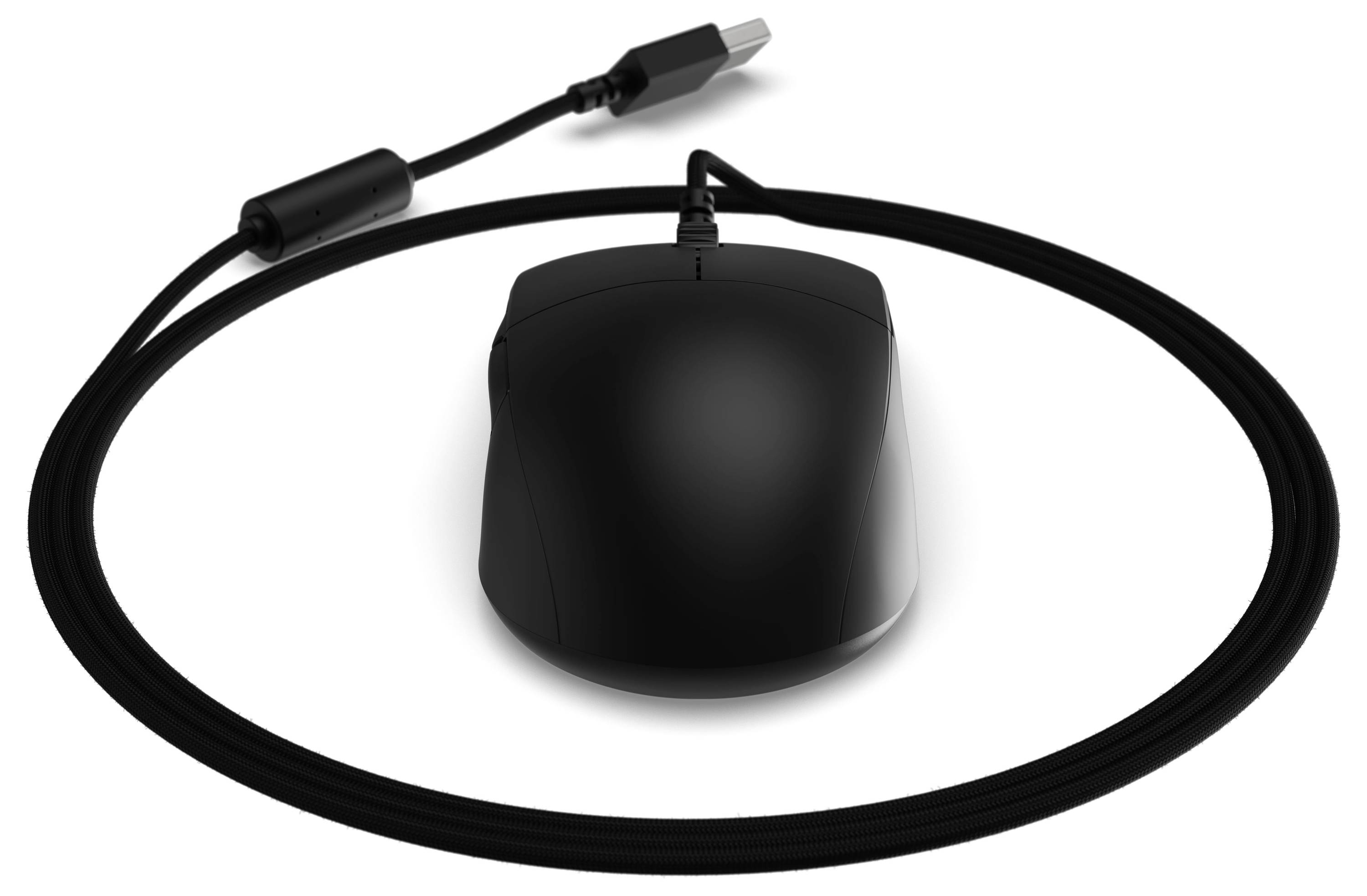 Černá, drátěná počítačová myš s USB připojením, která má kolem sebe dlouhý, spirálovitý kabel.