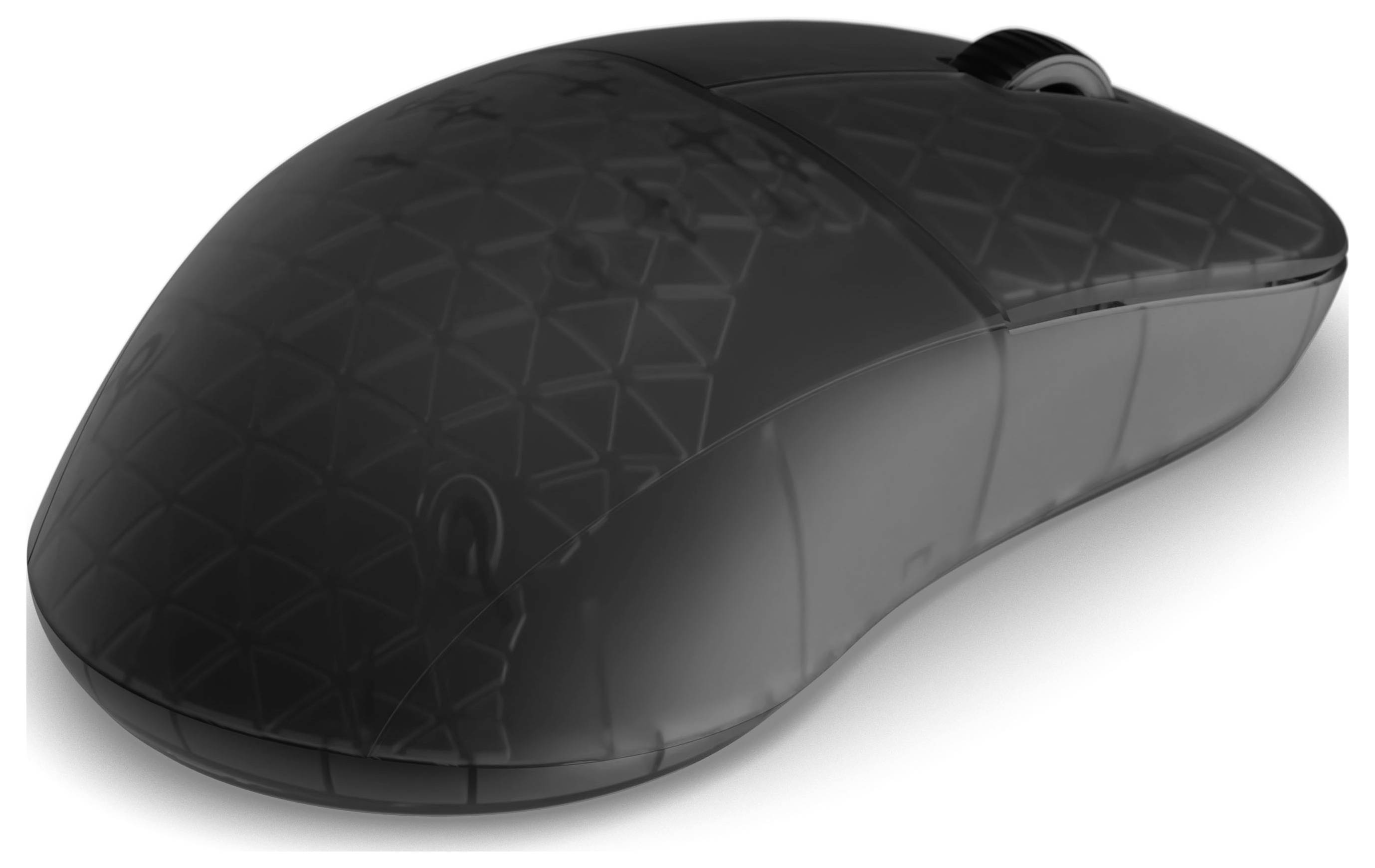 Černá bezdrátová počítačová myš s geometrickým vzorem na povrchu. Myš je vybavena kolečkem pro posun a elegantním, ergonomickým designem.