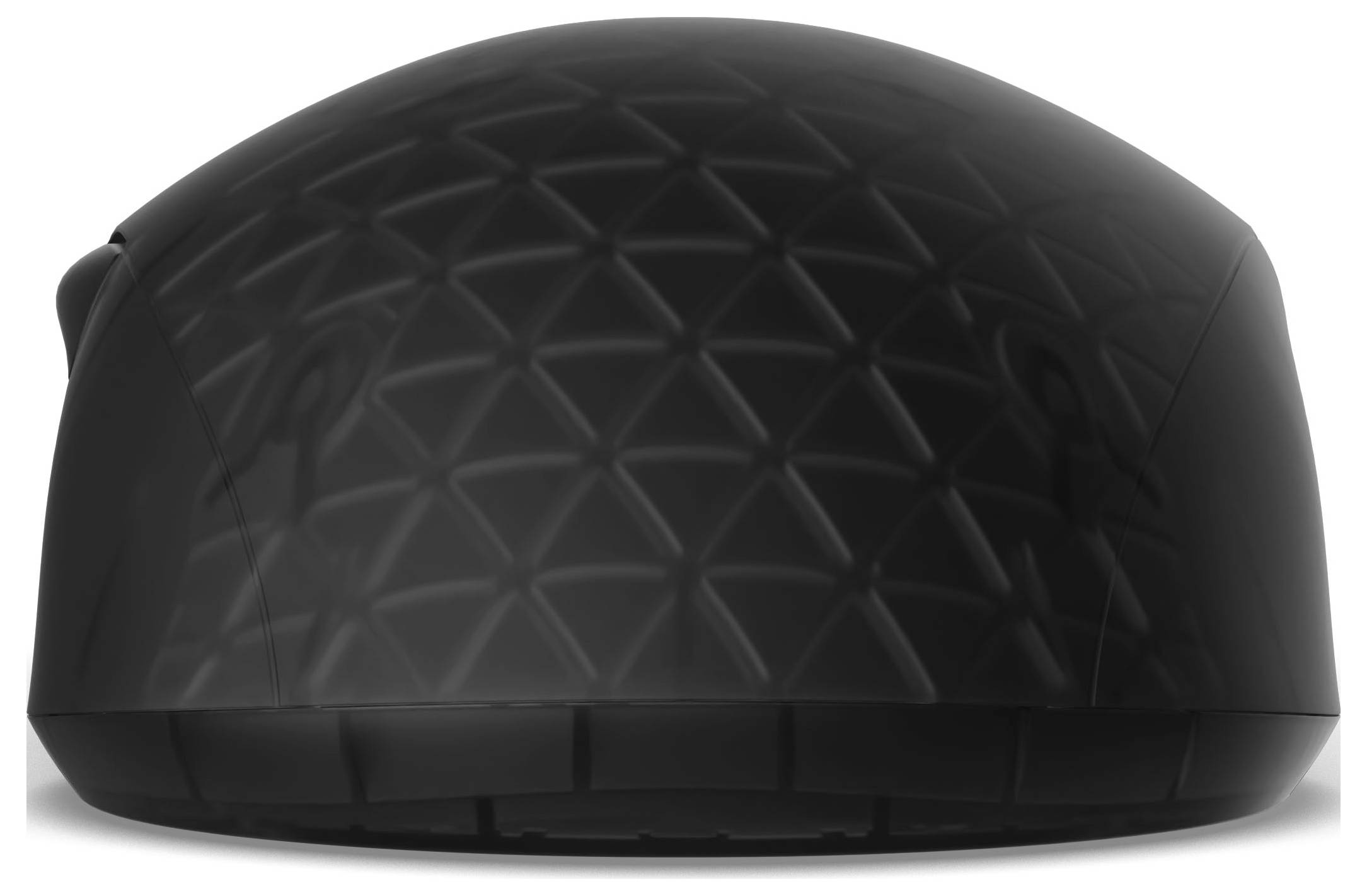Černá bezdrátová počítačová myš se vzorem mnohoúhelníků, pohled zepředu, předvádějící její štíhlý, ergonomický design.