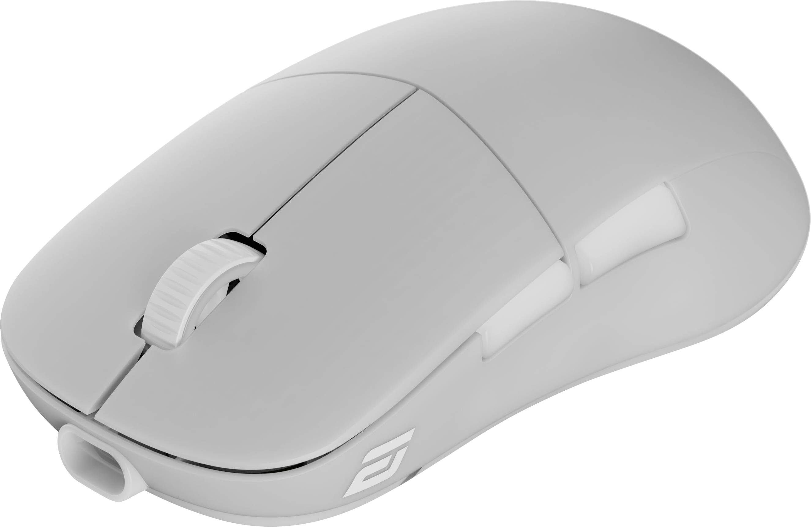 Elegantní, bílá počítačová myš s kolečkem pro posouvání a ergonomickým designem, fotografovaná pod úhlem, který zdůrazňuje její jednoduchou formu a minimální značku.