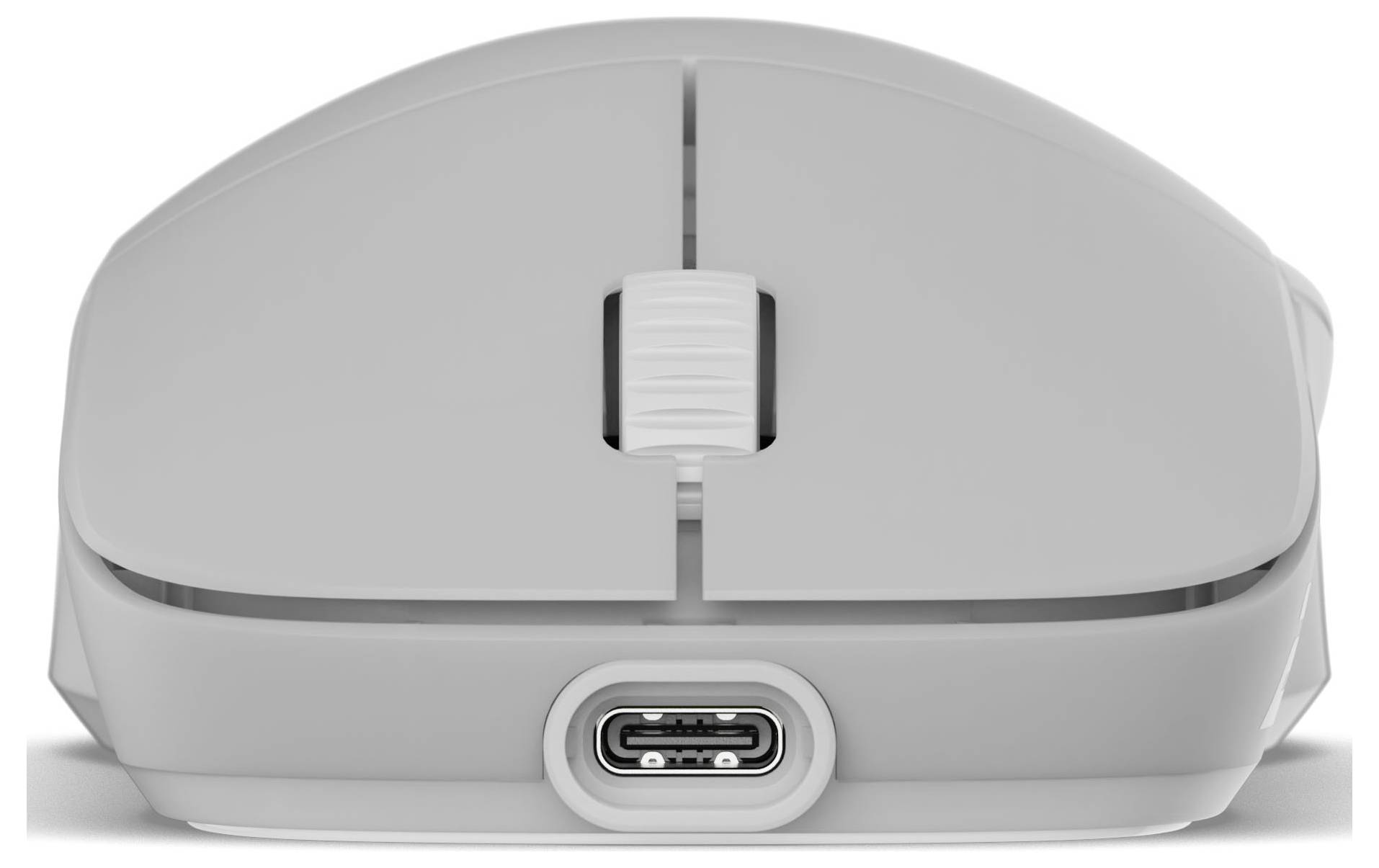 Bílá bezdrátová počítačová myš zobrazená zezadu, která má port USB-C pro nabíjení a centrální kolečko pro posouvání.