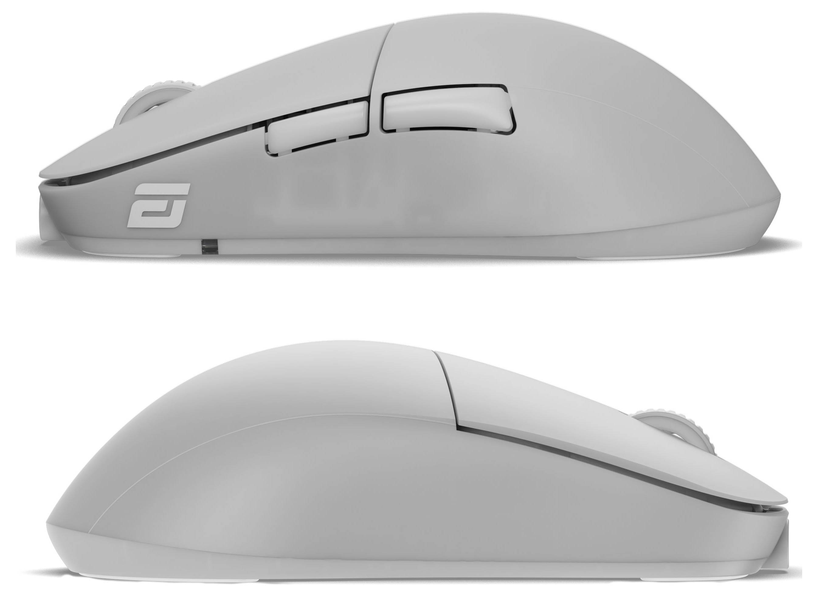 Dvě bezdrátové počítačové myši v profilu, jedna nad druhou. Obě mají elegantní, minimalistický design v světle šedé barvě a jsou vybaveny dvěma bočními tlačítky a kolečkem pro posun.