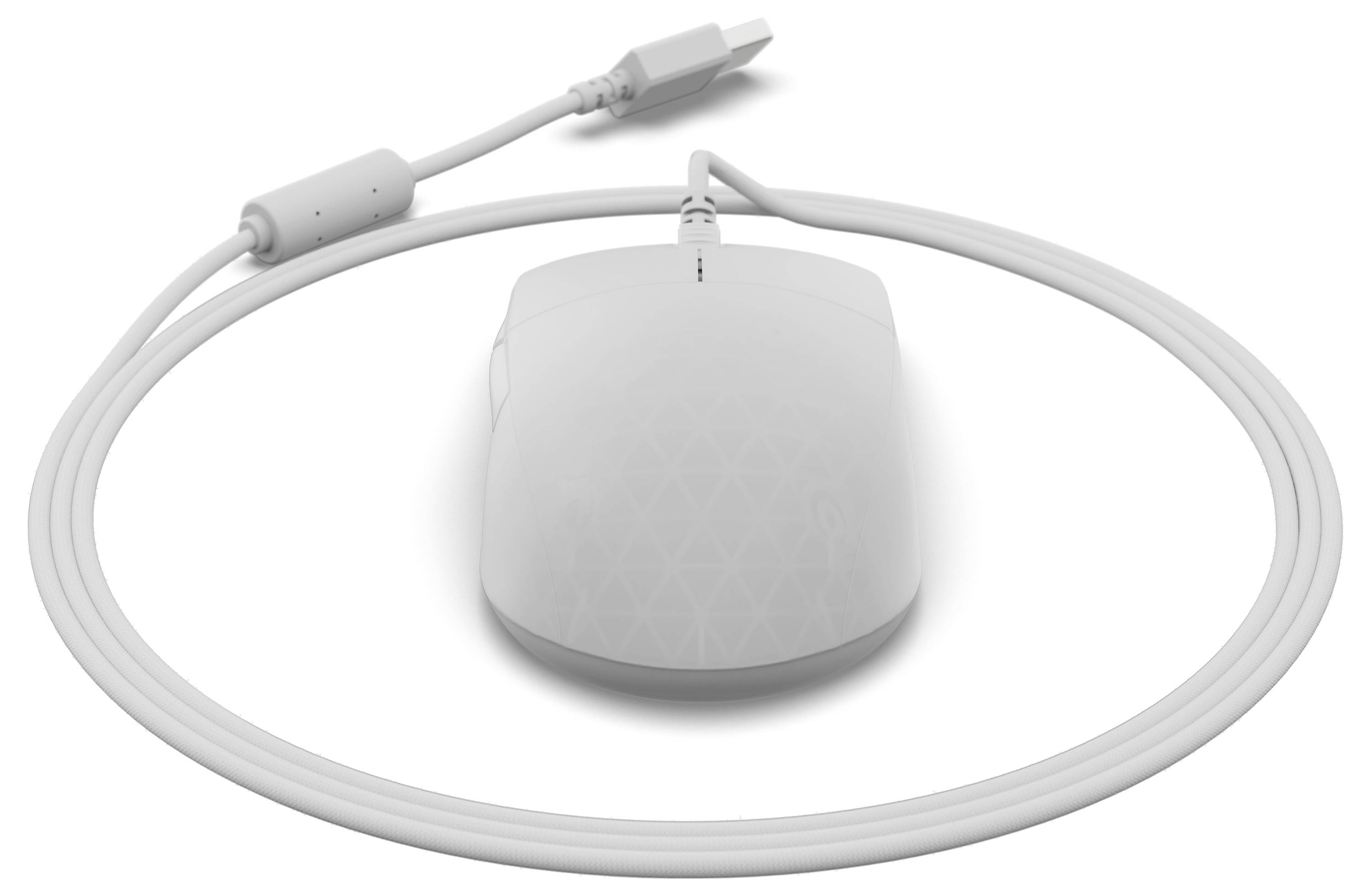 Bílá drátová počítačová myš s konektorem USB, umístěná na bílém pozadí, kabel uspořádaný v kruhu kolem ní.