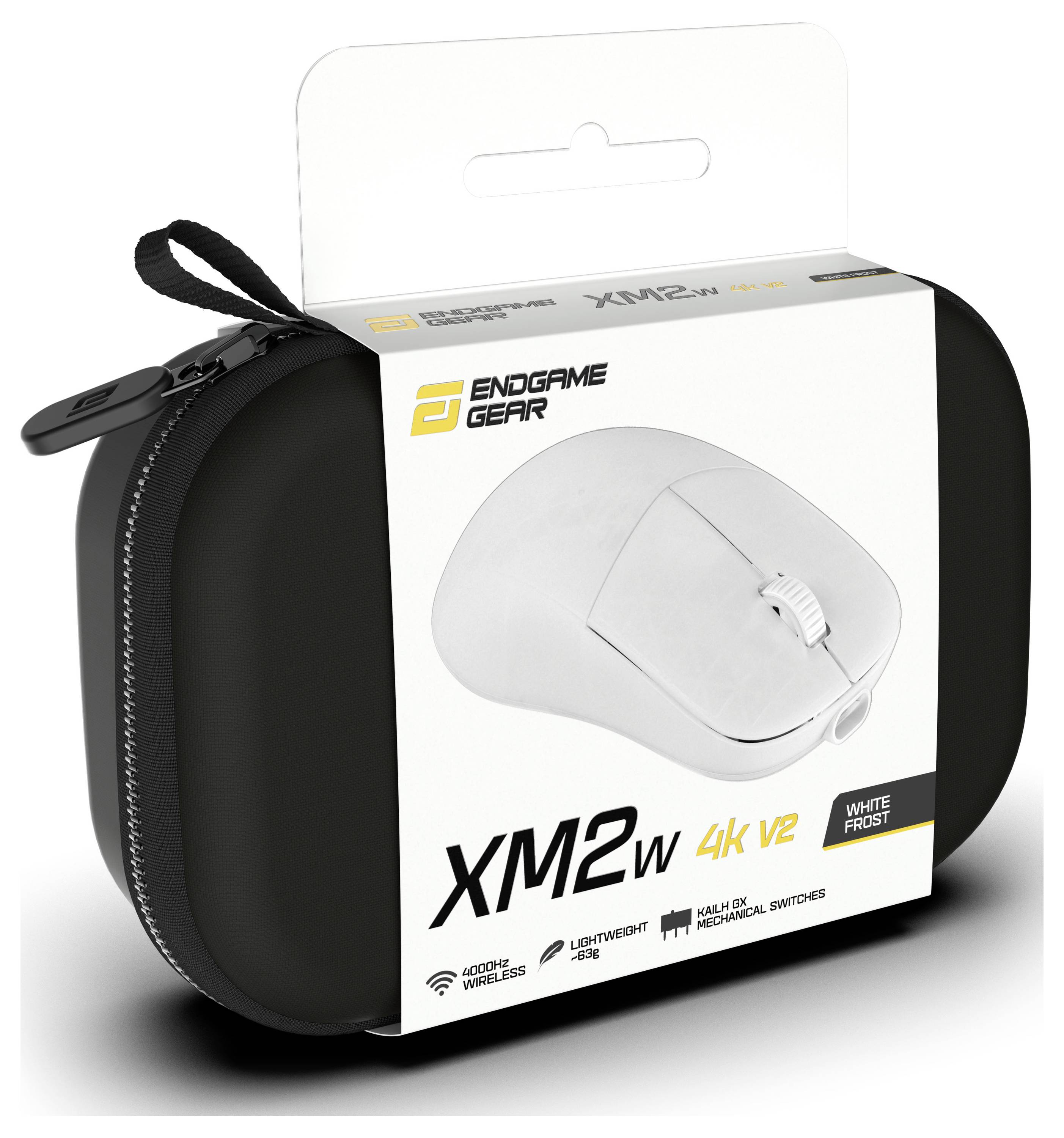 Obrázek ukazuje balení bezdrátové myši Endgame Gear XM2w 4K V2. Krabice zdůrazňuje hlavní vlastnosti: lehké váhy, 4K, spínače Kailh GM 8.0.