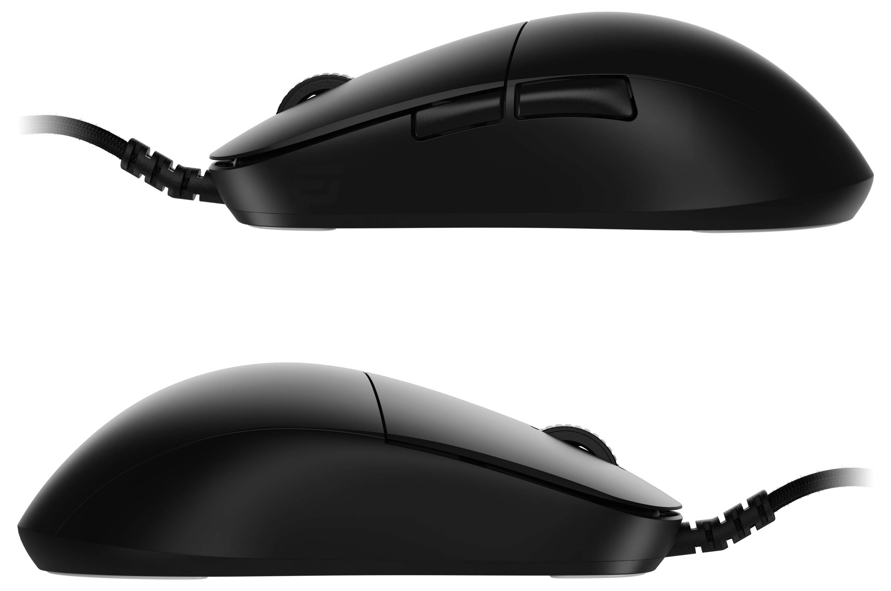 Dva černé počítačové myši zobrazené z boku, zvýrazňující jejich ergonomický design.