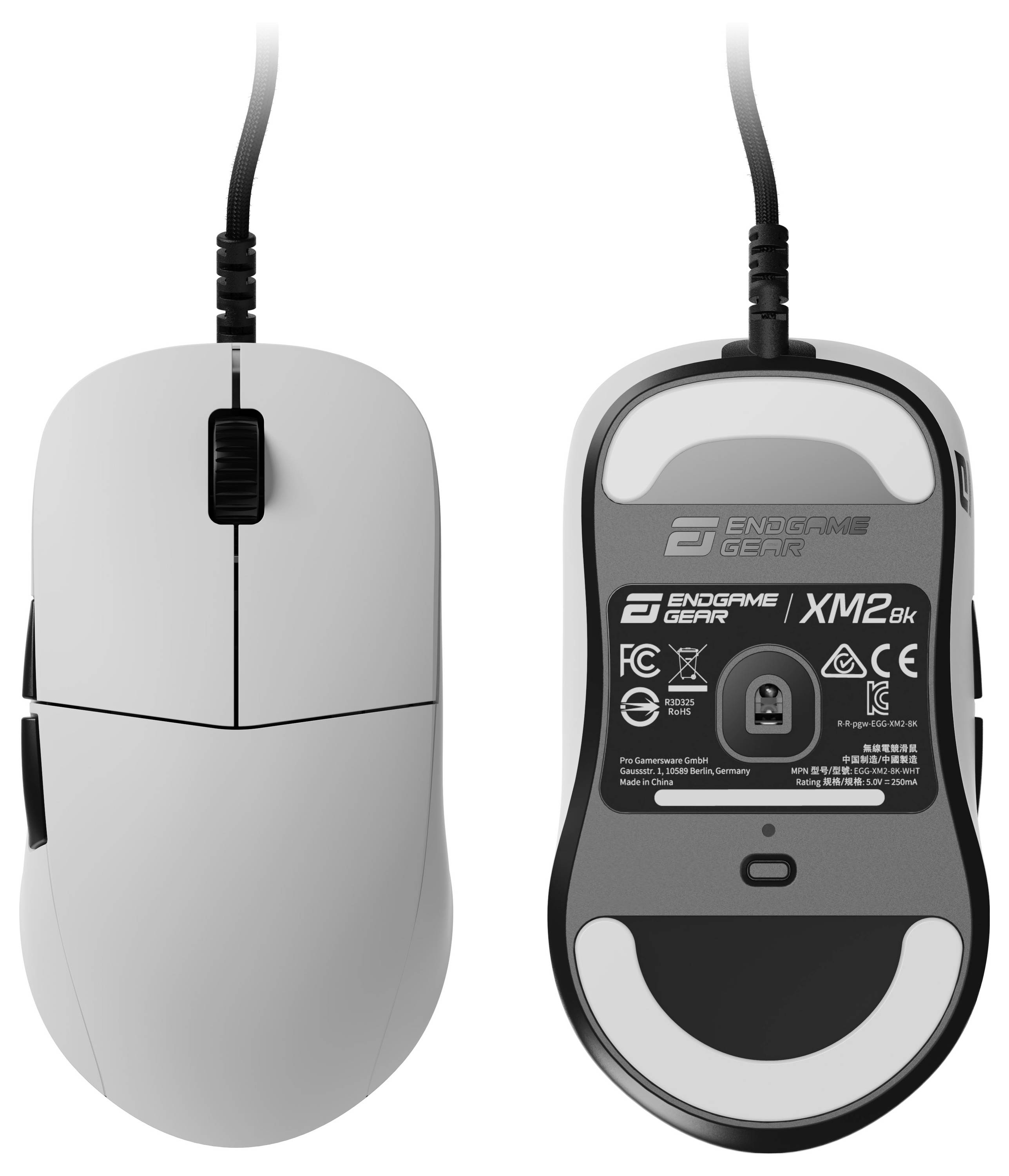 Herní myš 'Endgame Gear XM2' zobrazená z horního a spodního úhlu, s ergonomickým designem, rolovacím kolečkem a informacemi o značce.