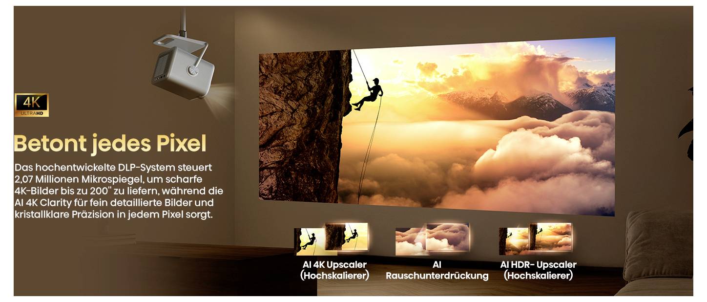 Velký displej zobrazující živý obraz postavy kráčející po okraji hory při východu slunce, prezentující technologie 4K rozlišení a umělou inteligencí vylepšený HDR (High Dynamic Range).