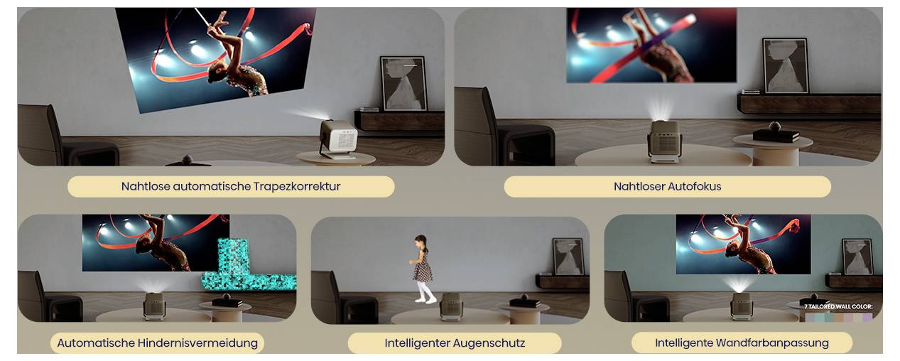 Místnost s projektorem zobrazujícím jelena na obrazovce. Hlavní funkce: automatická korekce lichoběžníkového zkreslení, automatické ostření, detekce překážek, ochrana očí, nastavení pro promítání na stěnu.