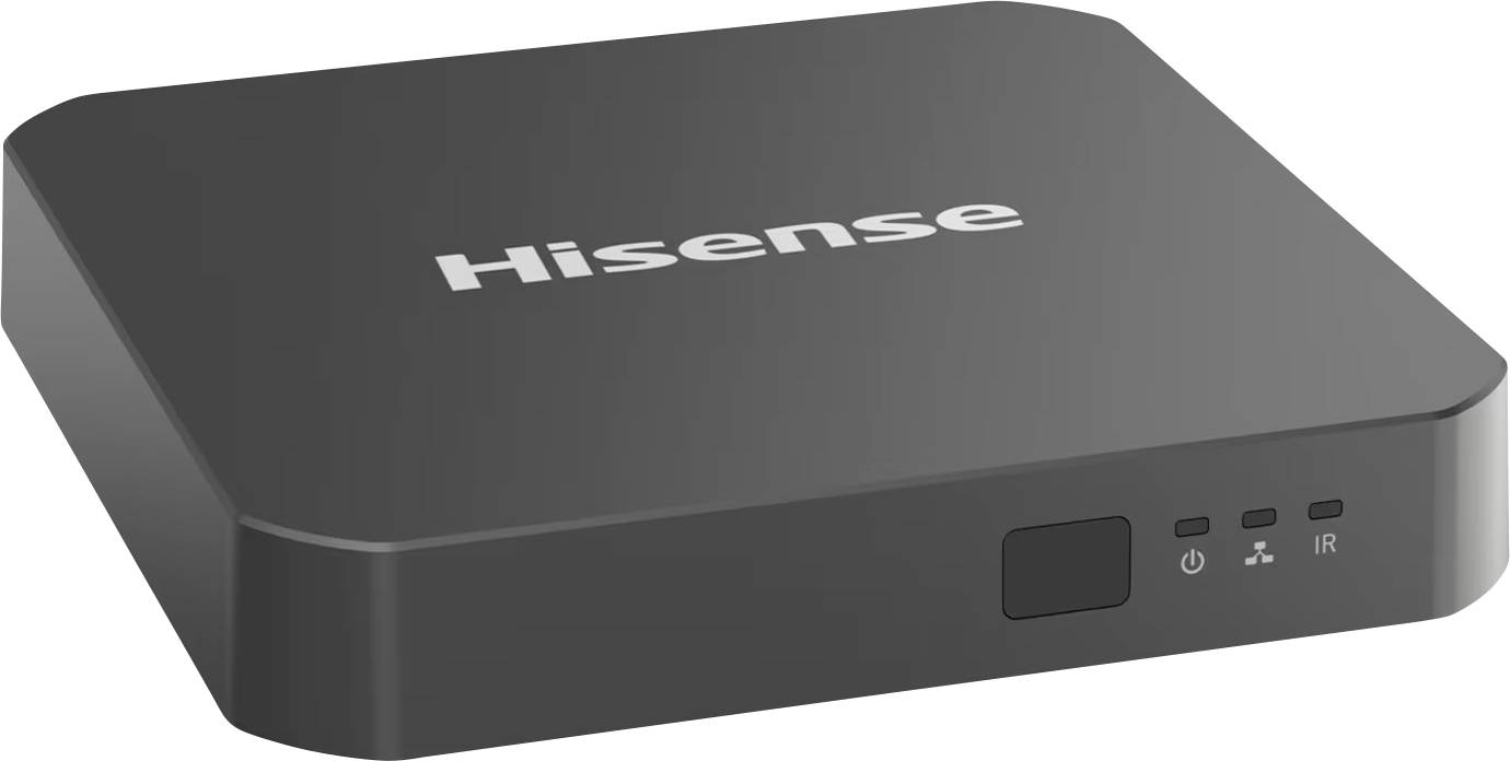 Černý streamovací box Hisense TV s napájecím tlačítkem, IR senzorem a indikačními světly na předním panelu.