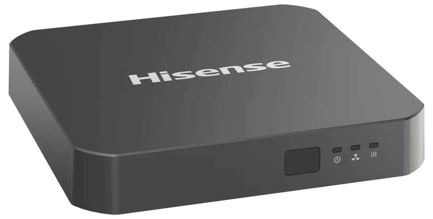 Elegantní multimediální streamovací zařízení Hisense s LED indikátory a napájecím tlačítkem na předním panelu.