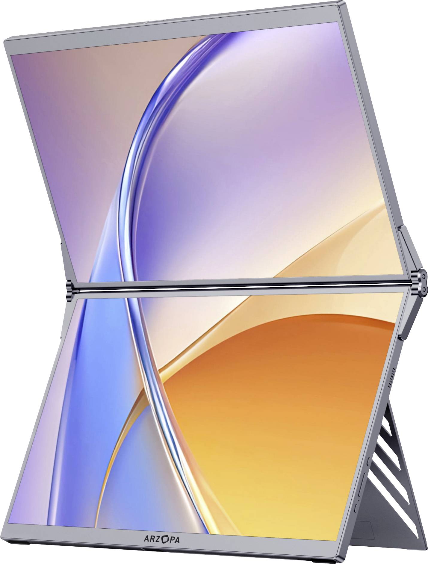Elegantní skládací displej zobrazující abstraktní design v odstínech modré a oranžové, který ukazuje flexibilitu zařízení a moderní technologii.