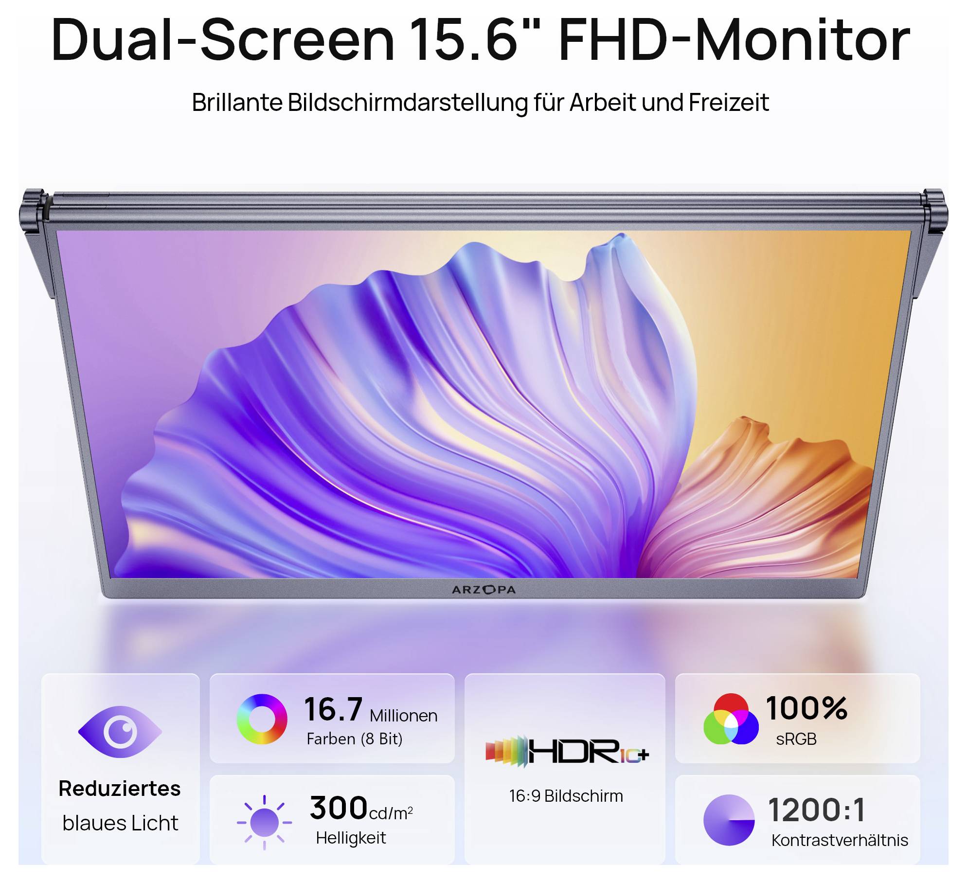 Arzopa E1 Dual Screen Přenosný monitor 39.6 cm (15.6 palec)1920 x 1080 Pixel, 16:9, 25 ms, IPS LCD-5
