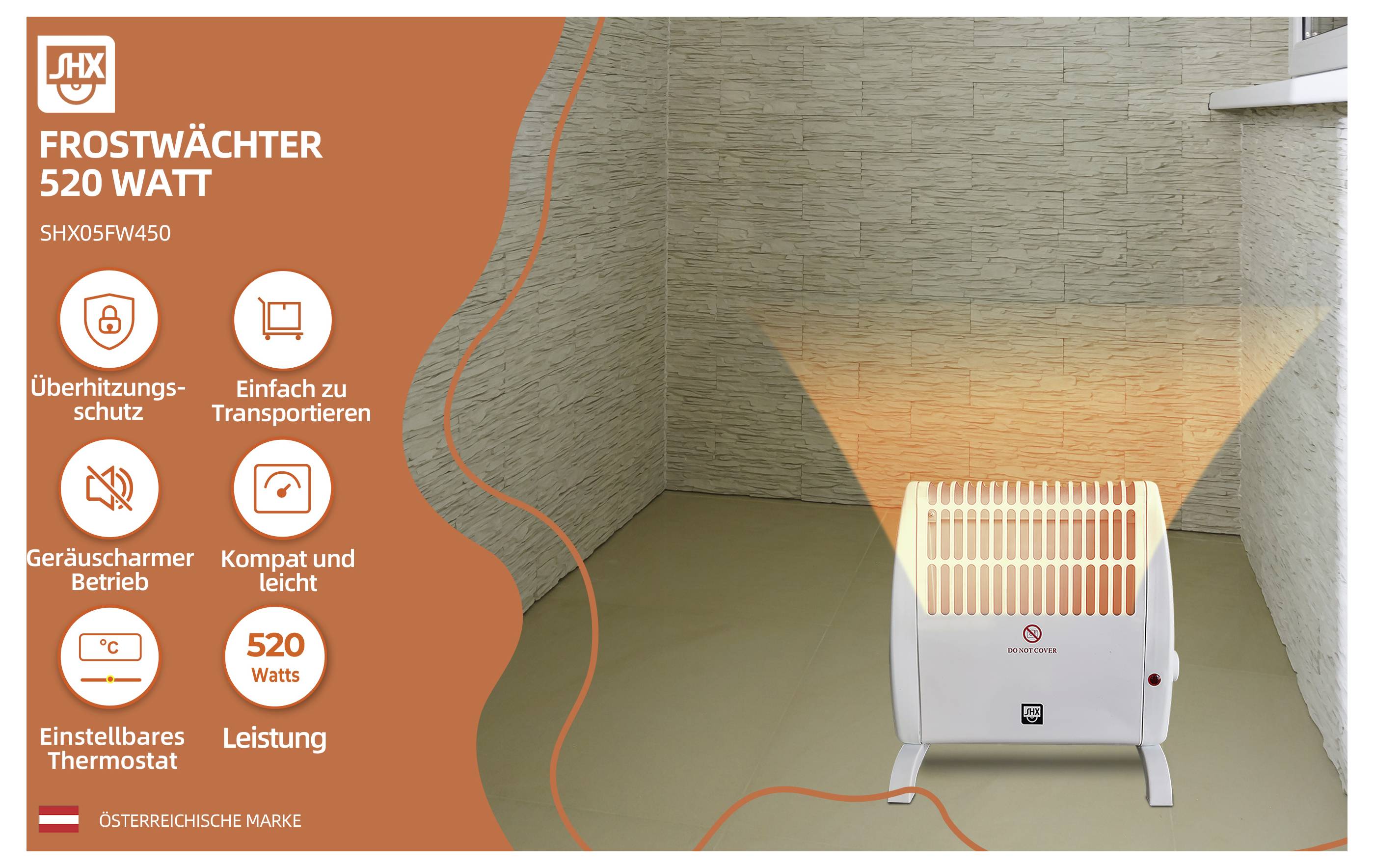 Kompaktní bílý teplovzdušný ventilátor na béžové podlaze vyzařuje oranžové tepelné vlny. Postranní panel uvádí vlastnosti: ochrana proti přehřátí, přenosný, tichý provoz, nastavitelný termostat, 520 wattů.