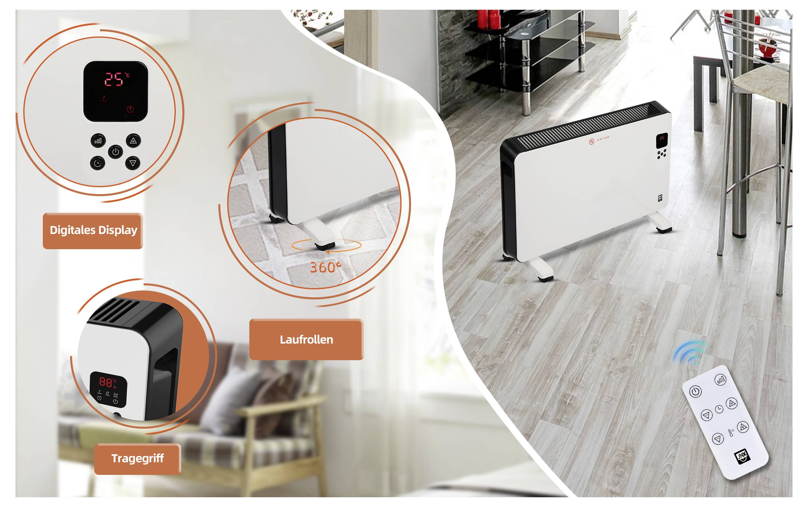 Elektrický konvekční topný panel s digitálním displejem, rukojetí pro přenášení a kolečky pro snadné přemísťování. Dálkový ovladač umístěný na straně.