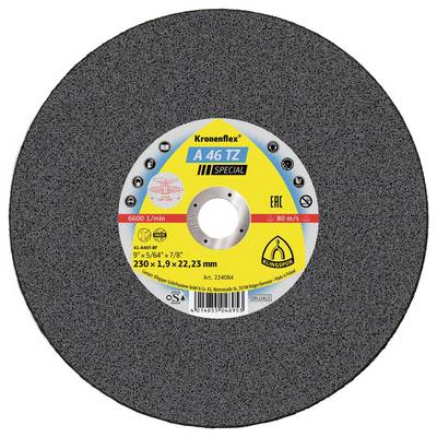 Řezný kotouč ve tvaru kruhu označený 'Kronenflex A 46 TZ Special', s technickými parametry '230 x 1,9 x 22,23 mm' a různými ikonami použití.
