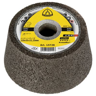 Abrazivní kužel s žlutým štítkem. Text: 'Klingspor', 'A 30 R', 'Art. 13728', pro broušení oceli, 110x55x22, max. rychlost 50 m/s.