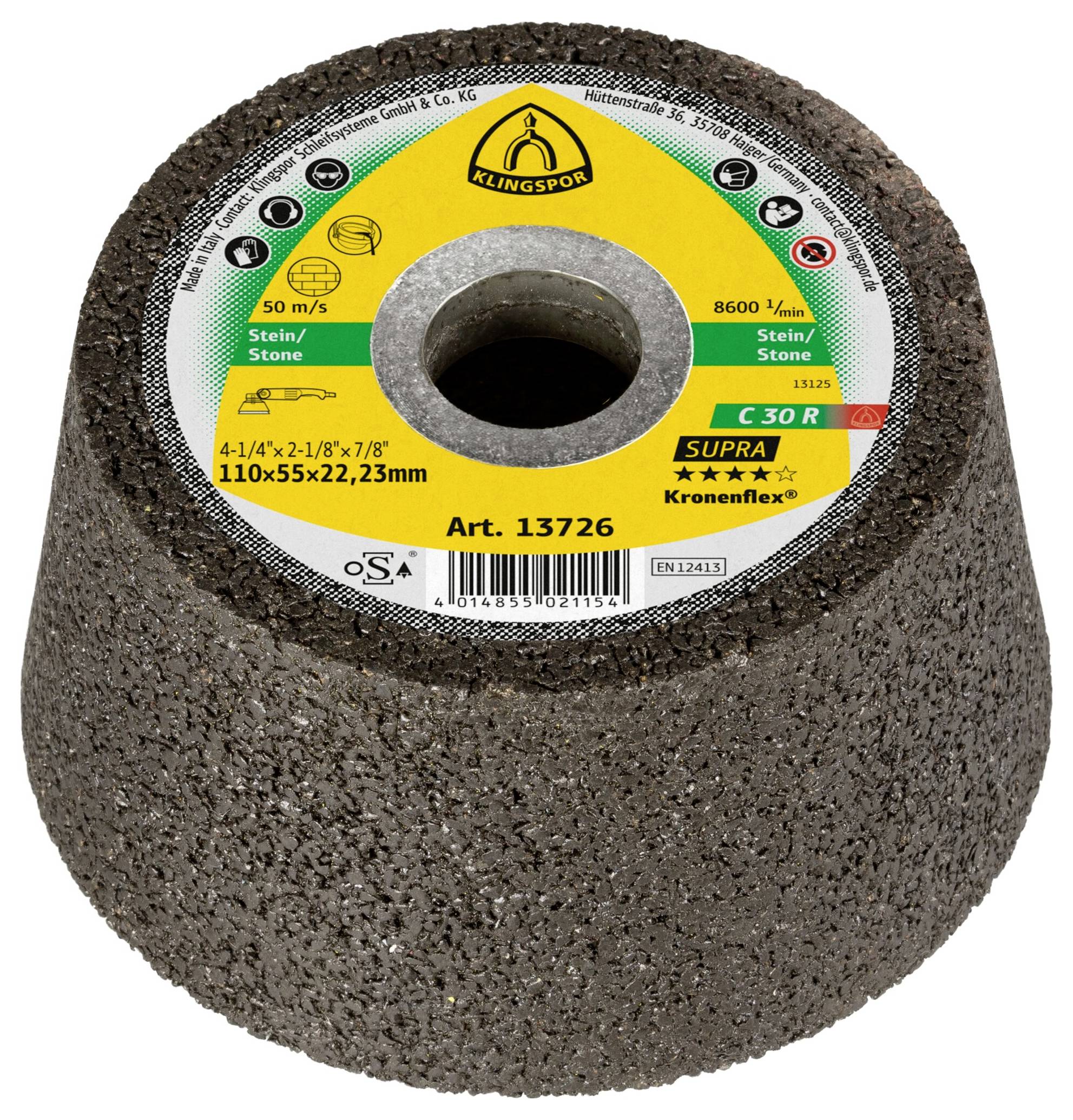 Kuželový brusný kotouč označený 'Kronenflex' a 'C 30 R', určený pro broušení kamene se specifikacemi: 110x55x22,23mm.