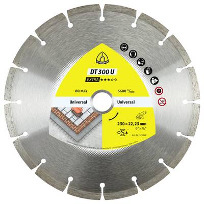 Cirkulární pilový kotouč označený 'DT300 U', s symboly označujícími materiály, které lze řezat, jako jsou cihly a beton. Hodnocení 6600 otáček za minutu, velikost 230 mm.