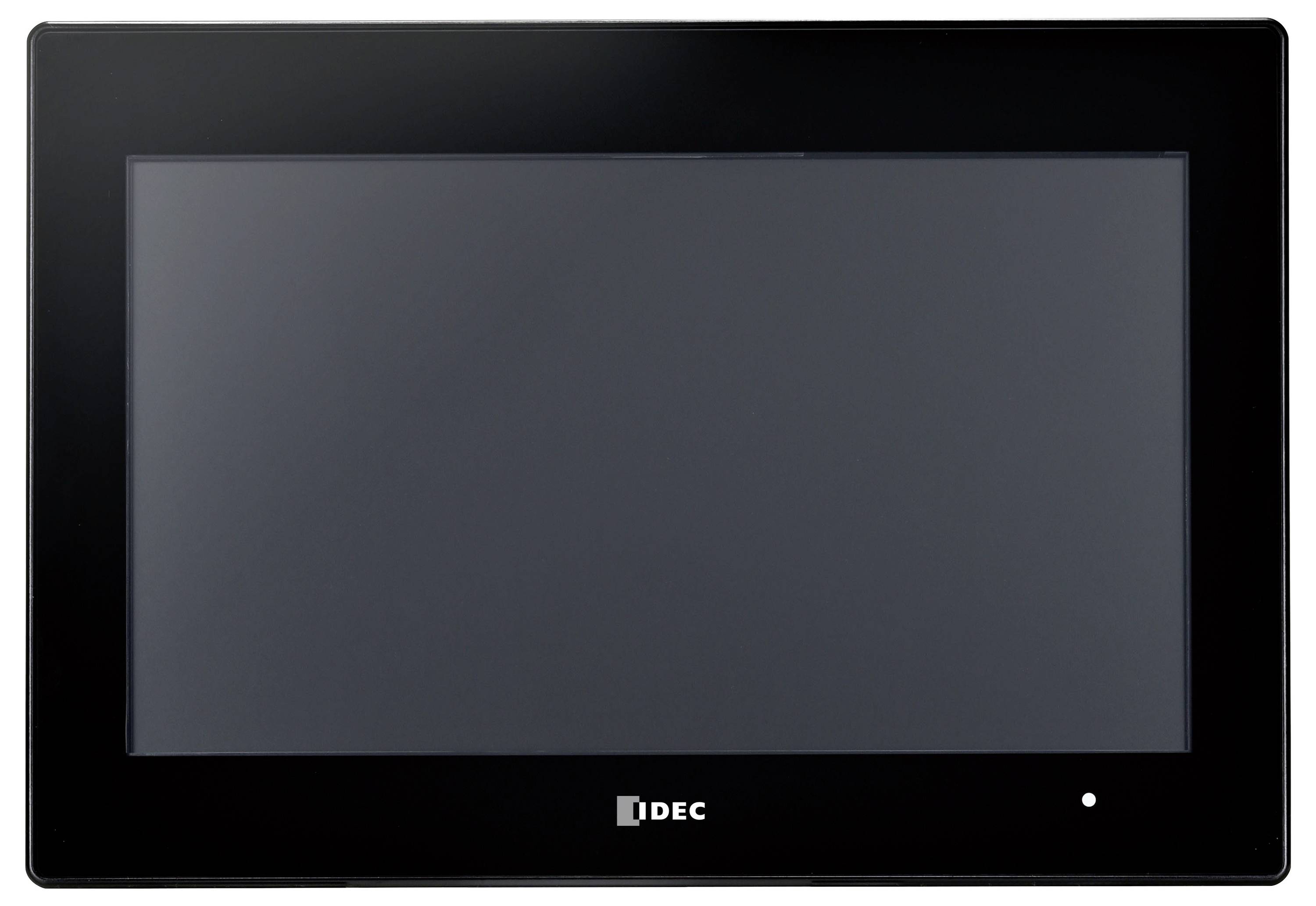 Černý dotykový panel IDEC s elegantním rámečkem, který zobrazuje prázdnou obrazovku, běžně používaný pro průmyslové řízení nebo automatizační systémy.