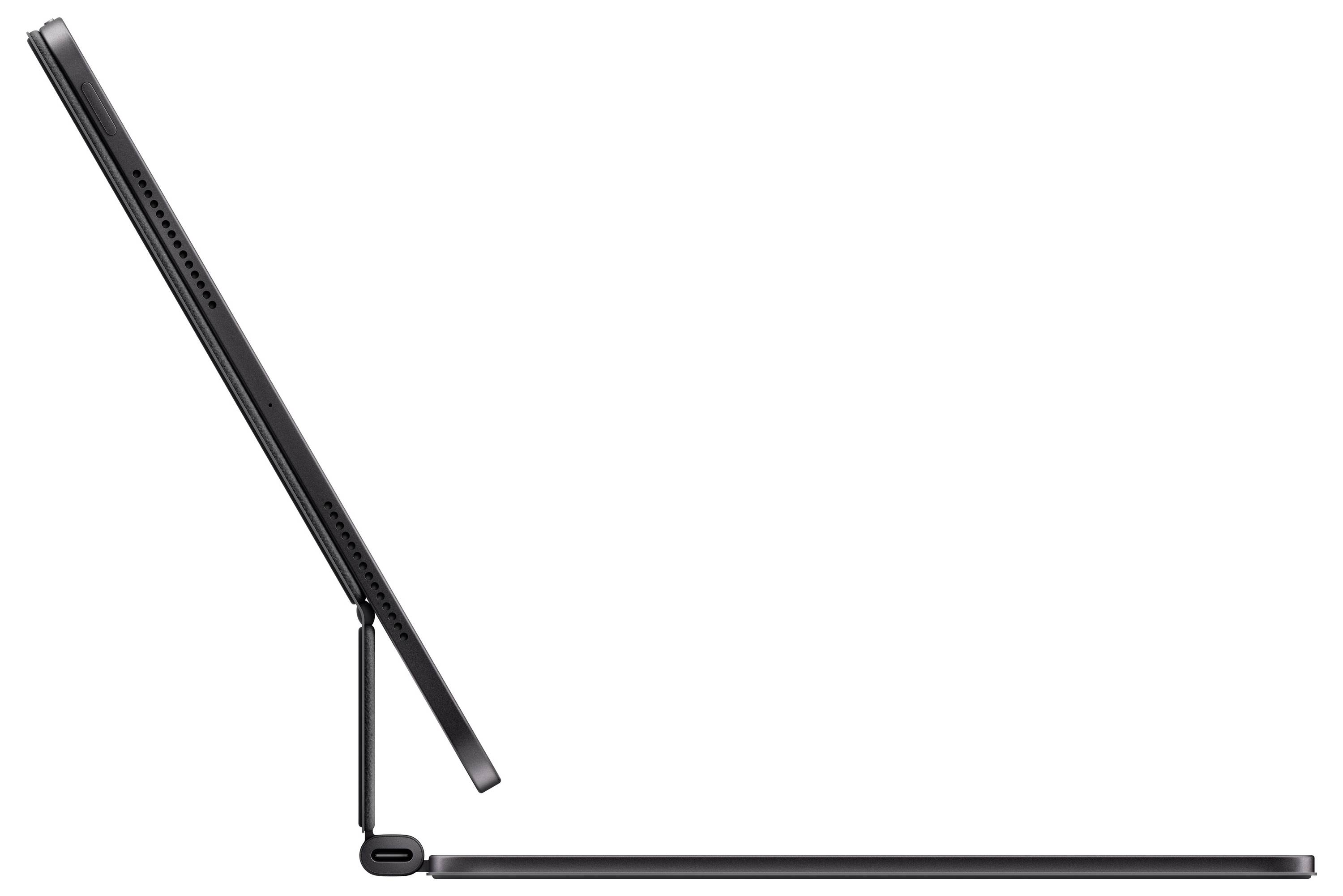Boční pohled na tablet na stojanu klávesnice, naklopený otevřený, který ukazuje jeho tenký profil a odnímatelnou konstrukční koncepci.