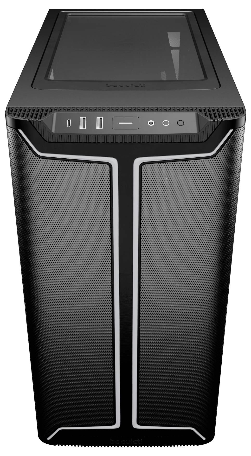 Černá počítačová skříň s čelním panelem z mřížky a horními porty, včetně dvou USB portů a audiokonektorů.