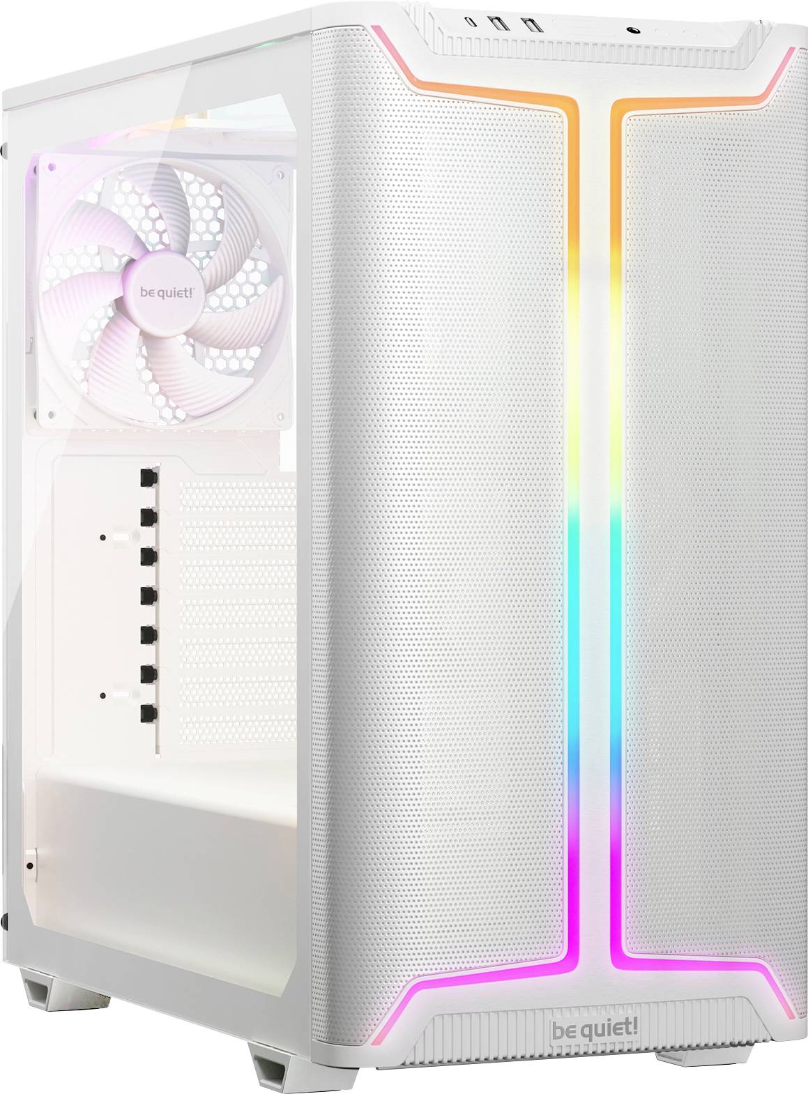 Bílý počítačový case s čelním panelem z mřížky s vertikálním RGB osvětlením, ventilátorem chladicího systému umístěným na straně a USB porty na horní straně.