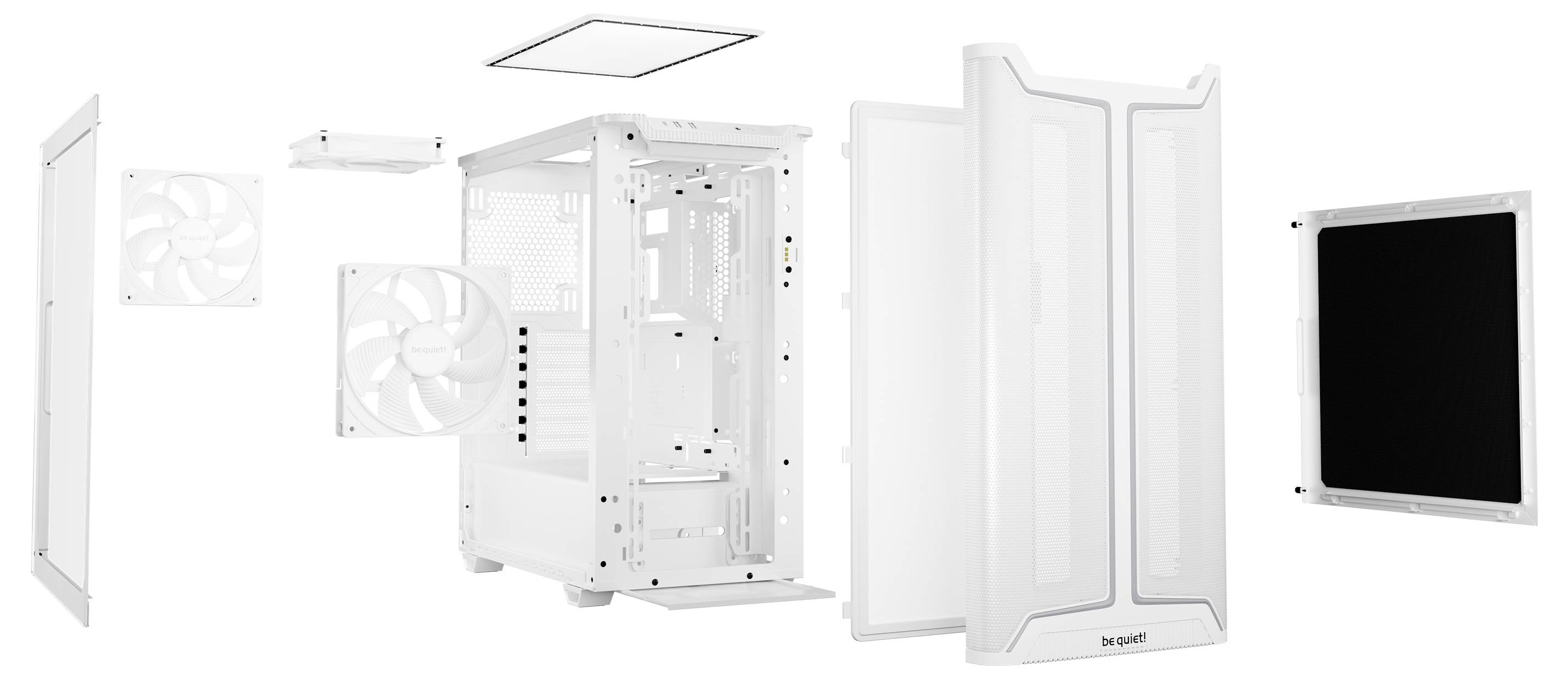 'Pohled rozložený do jednotlivých částí bílého počítačového pouzdra s bočními panely, ventilátory a předním krytem, který odhaluje design a konstrukční komponenty.'