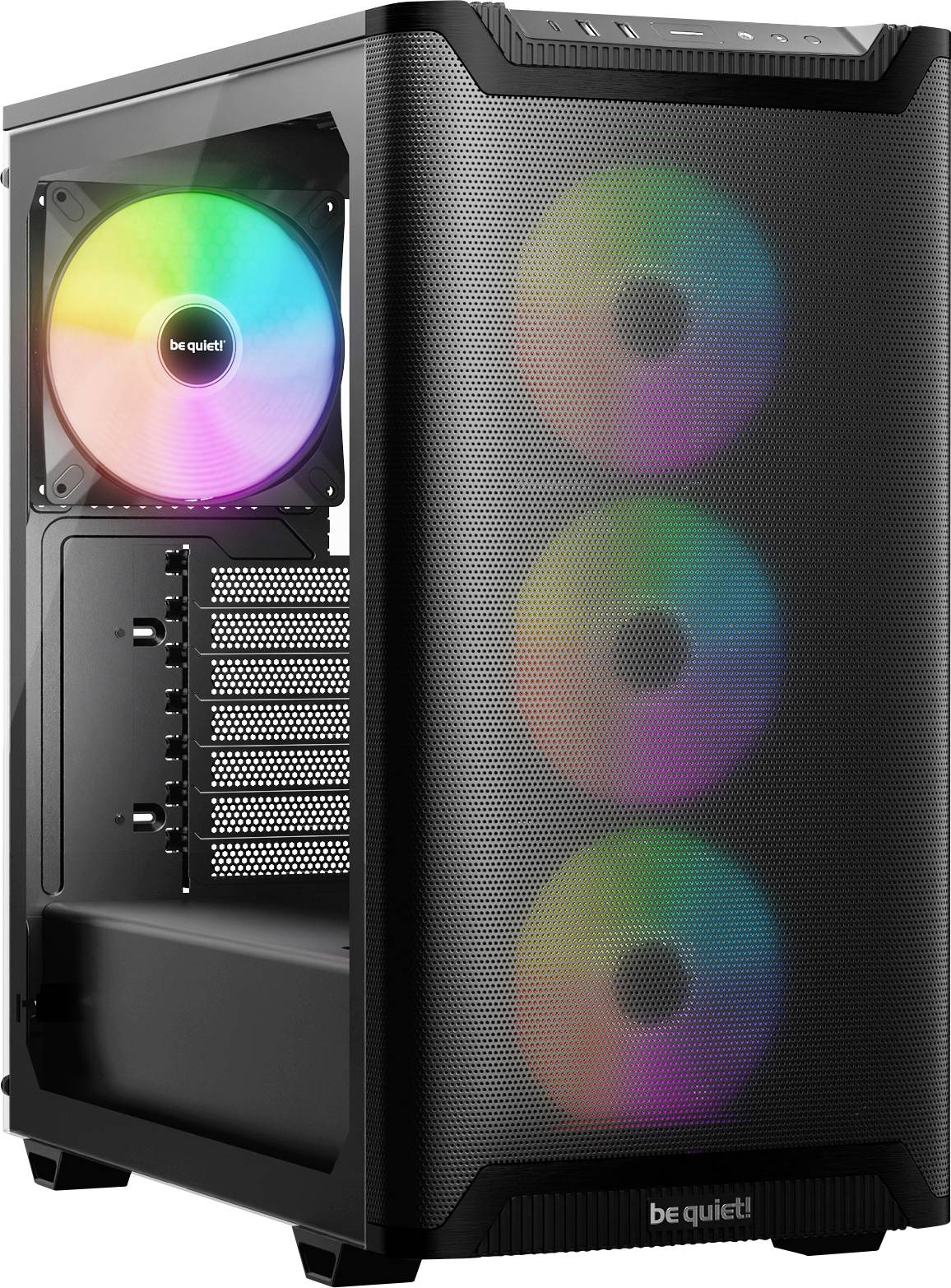 Černá skříň počítačové věže se třemi viditelnými RGB ventilátory na přední straně a jedním na zadní straně, které všechny září duhovou barvou.