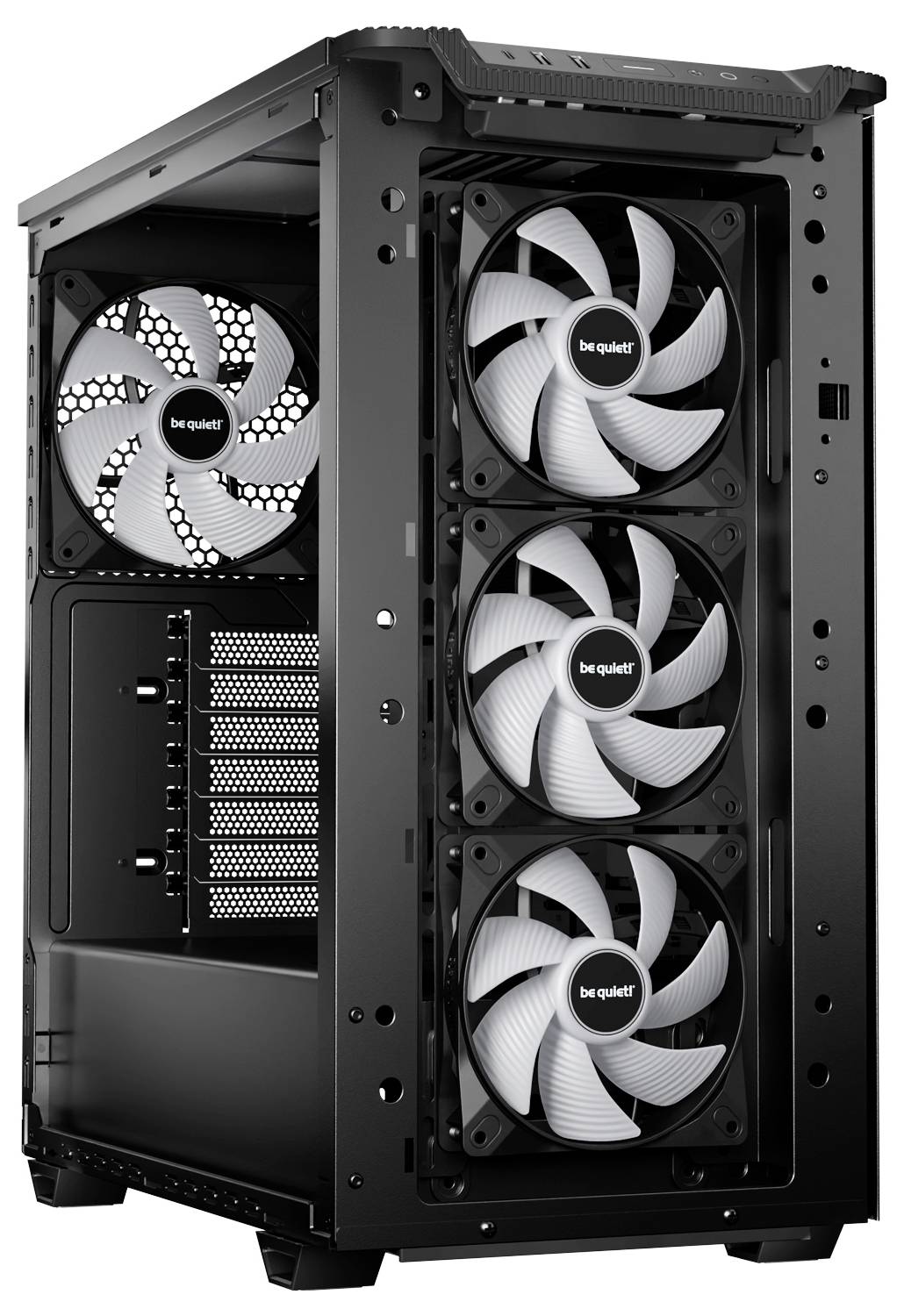 Černá počítačová skříň s několika bílými chladicími ventilátory vpředu i vzadu.