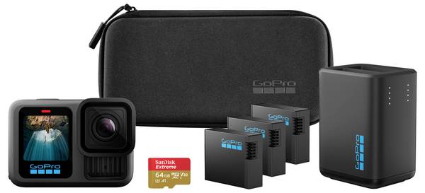 GoPro HERO13 POWER BUNDLE Sportovní outdoorová kamera 5,3 K, 4K, 2,7K, Full HD, Bluetooth, duální displej, dotyková obrazovka, odolné proti prachu, odolné proti vodě, Wi-Fi, časová prodleva, stabilizace obrazu, zpomalený pohyb