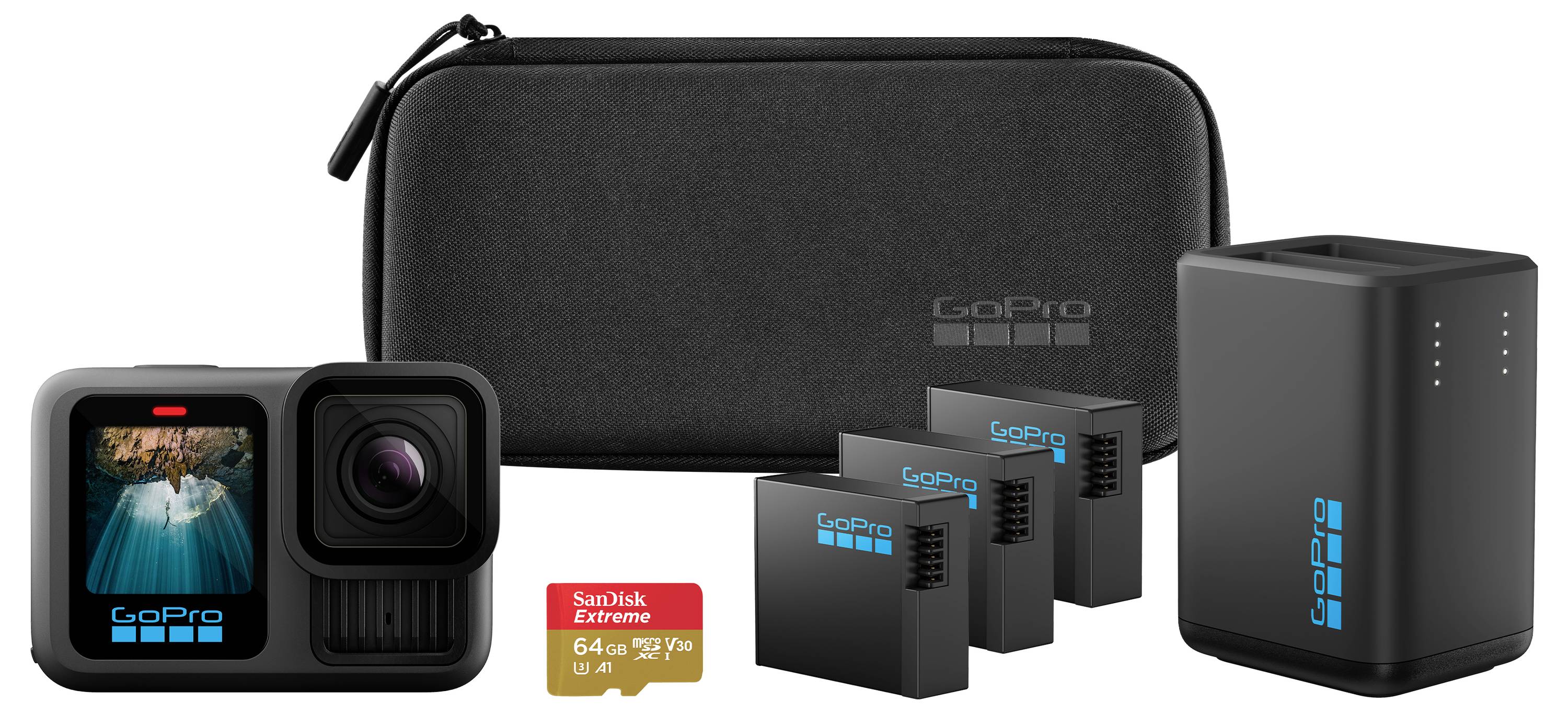 Sada kamery GoPro včetně tří baterií, nabíjecí stanice, přenosného pouzdra a 64GB paměťové karty, umístěná na bílém pozadí.