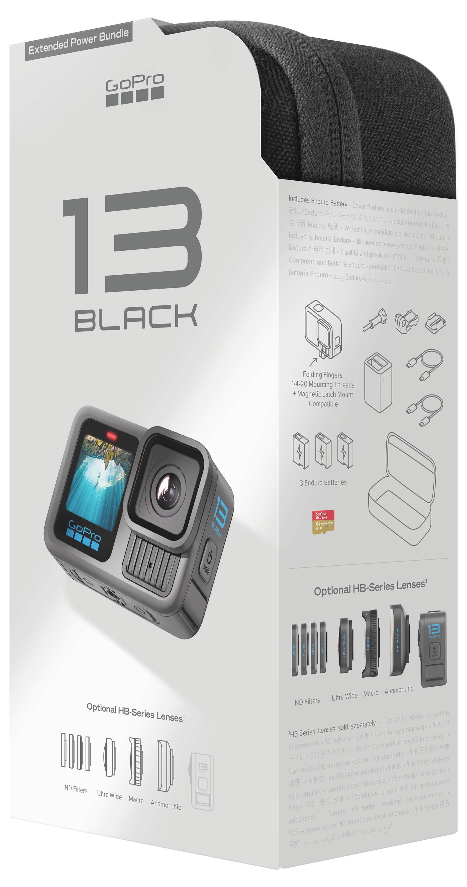 Obrázek ukazuje balení fotoaparátu 'GoPro 13 Black' s rozšířeným napájecím příslušenstvím, volitelné objektivy a příslušenství zobrazené po straně.