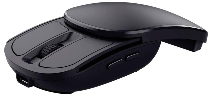 Elegantní černá ergonomická počítačová myš s křivkovitým designem a postranními tlačítky, vhodná pro zvýšený komfort a funkčnost.