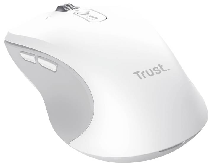 Bílá bezdrátová počítačová myš značky Trust, vybavená kolečkem pro scrollování a bočními tlačítky, navržená ergonomicky pro maximální pohodlí.