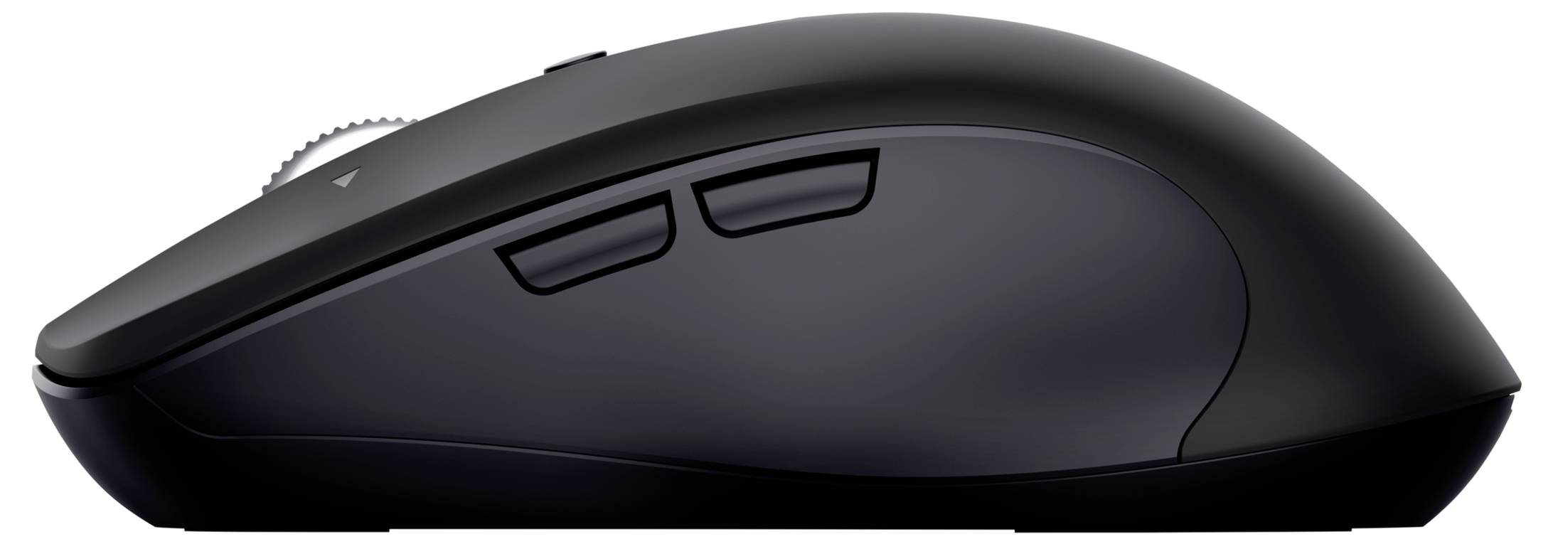 Štíhlá černá počítačová myš se dvěma postranními tlačítky, ergonomicky navržená pro pohodlné použití.
