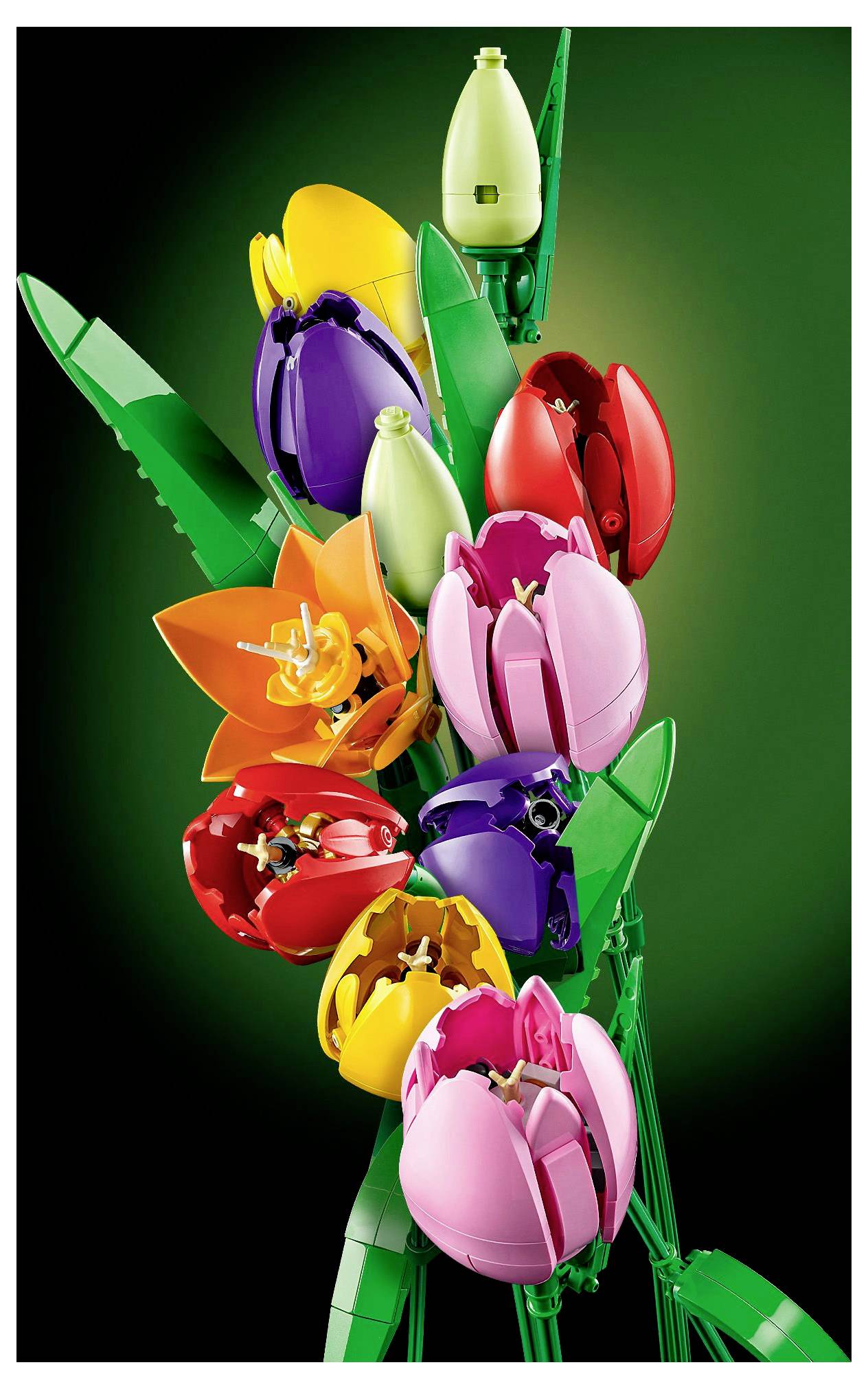Barevná kytice tulipánů z kostek LEGO v červené, fialové, oranžové, žluté a růžové barvě na zeleném pozadí.