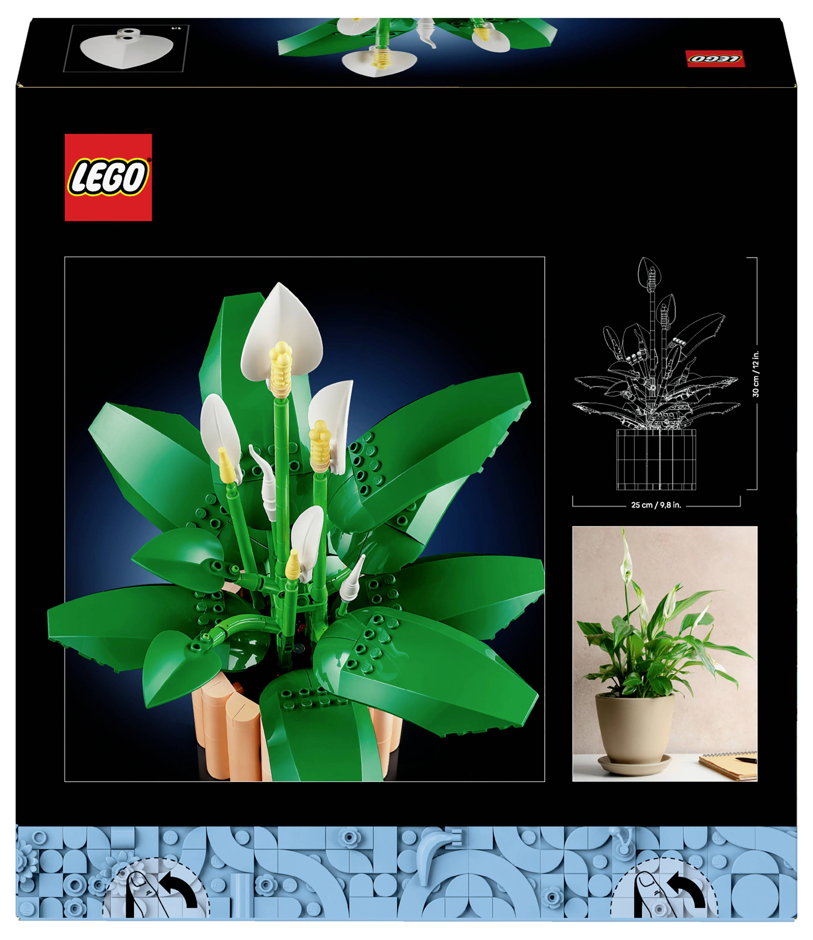 Krabice sady Lego zobrazující model anthurií s tmavě zelenými listy a bílými květy, vedle fotografie skutečné rostliny.