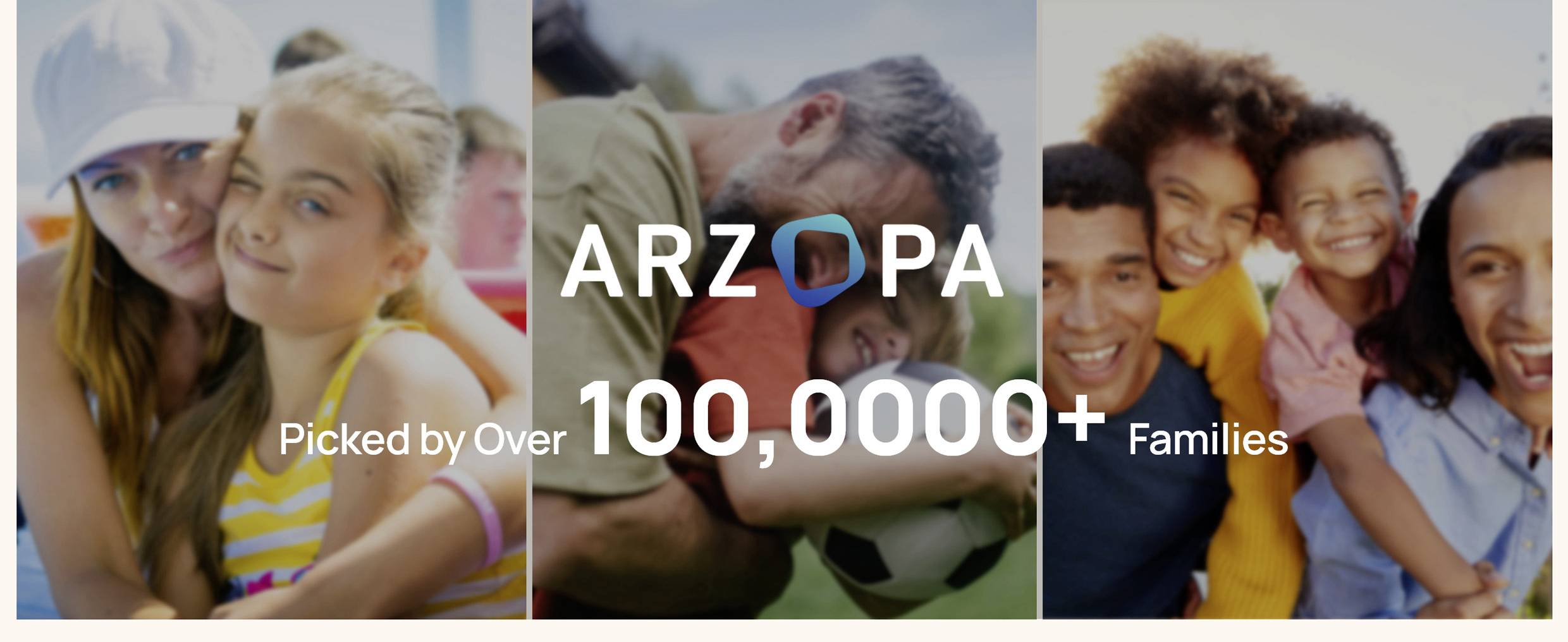 Koláž šťastných rodin s textem 'ARZOPA' uprostřed, čtoucí 'Vybráno přes 100 000+ rodinami,' který naznačuje popularitu produktu.