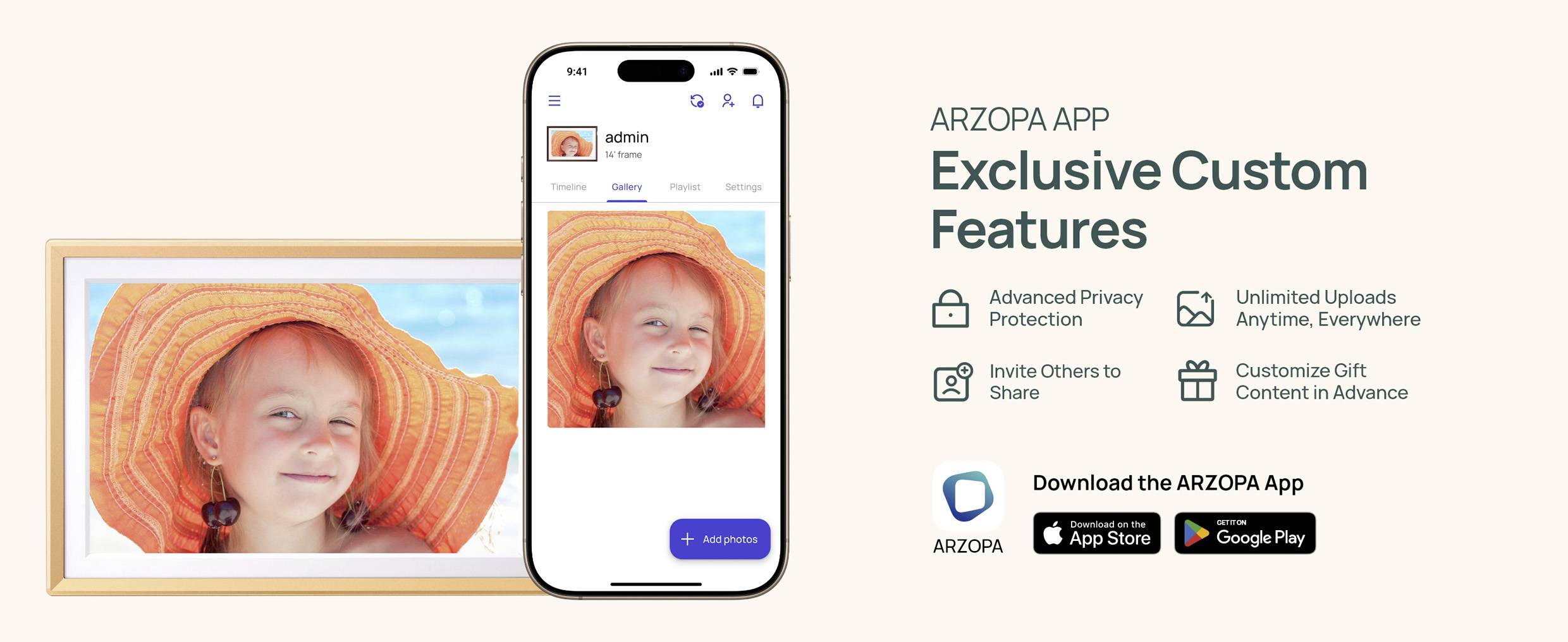 Aplikace Arzopa: Exkluzivní vlastní funkce" zdůrazňuje pokročilé soukromí, neomezené nahrávání, možnosti sdílení a přizpůsobení dárků. Zobrazuje dítě s čepicí v rámečku fotografie a na mobilní obrazovce.