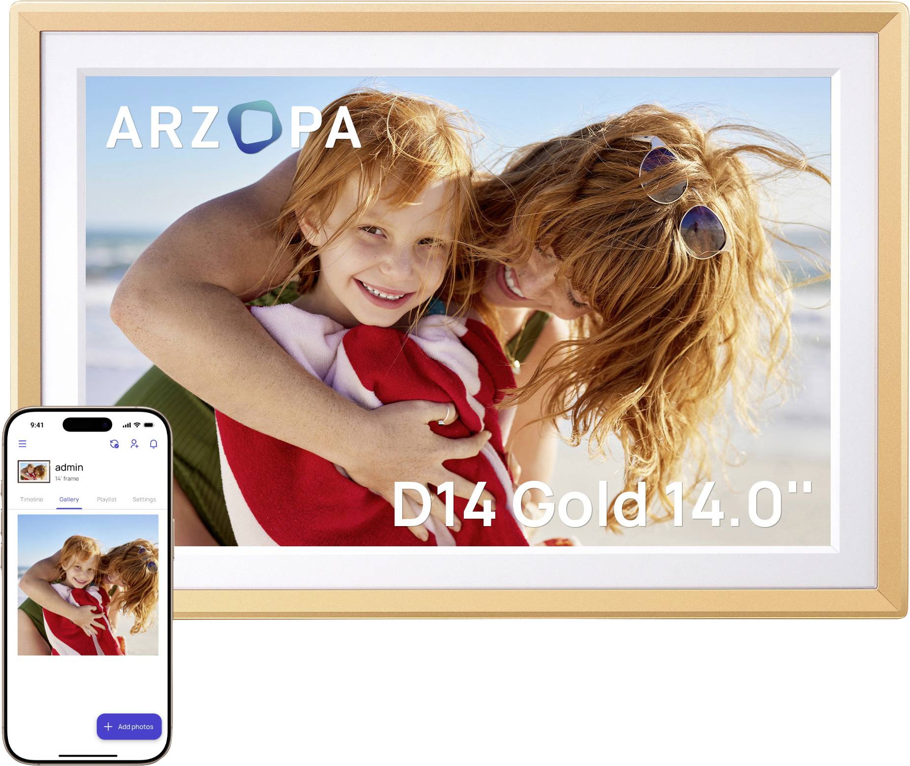 Žena a dítě se usmívají na slunečné pláži, zabaleni do červeného ručníku. Text čte 'ARZOPA D14 Gold14.0'''. Telefon zobrazuje stejný obrázek.