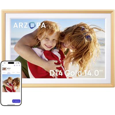 Žena a dítě se usmívají na slunečné pláži, zabaleni do červeného ručníku. Text čte 'ARZOPA D14 Gold14.0'''. Telefon zobrazuje stejný obrázek.