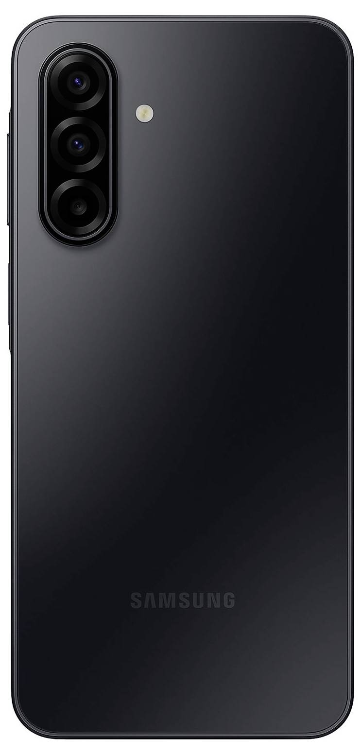 Černý smartphone pohledem zezadu s trojitým fotoaparátem v levém horním rohu a jemným logem ve spodní části.