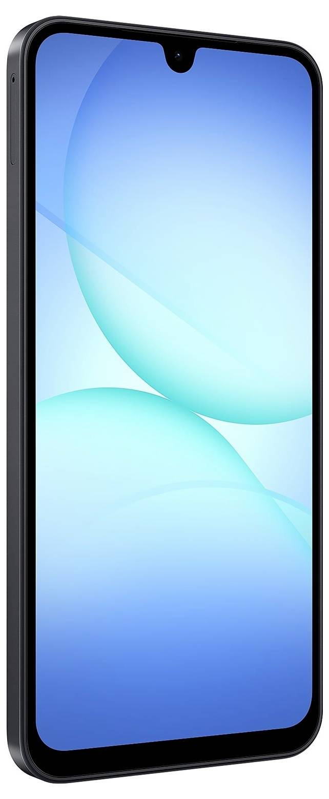 Chytrý telefon zobrazující jasně modrý displej, pohled z úhlu. Na obrazovce jsou viditelné gradientní kruhy s minimalistickým designem.