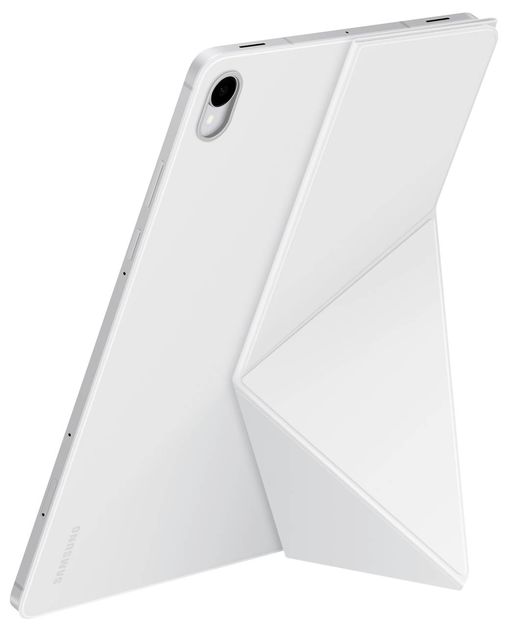 Elegantní, bílý tablet s ohebným pouzdrem ve stylu origami, postavený ve vzpřímené poloze, který předvádí svůj minimalistický design.